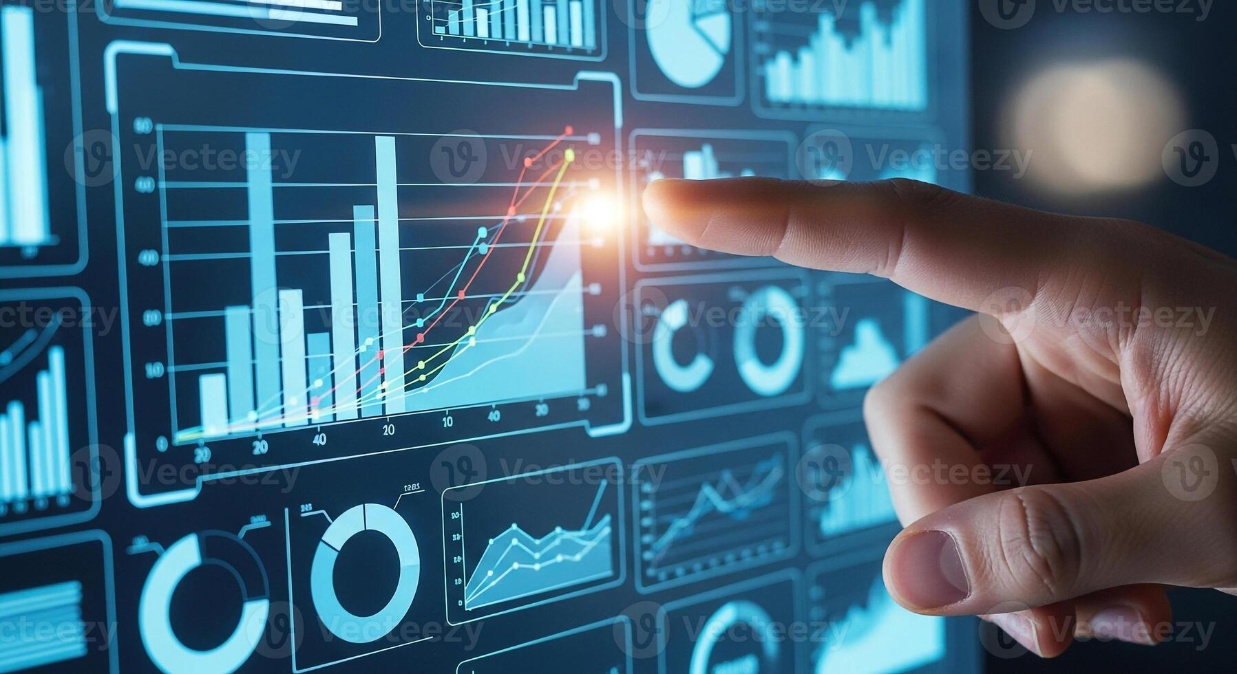 Hand interacting with a digital interface displaying various charts and graphs analyzing data for business intelligence and strategic planning The futuristic dashboard shows key performance indicators photo
