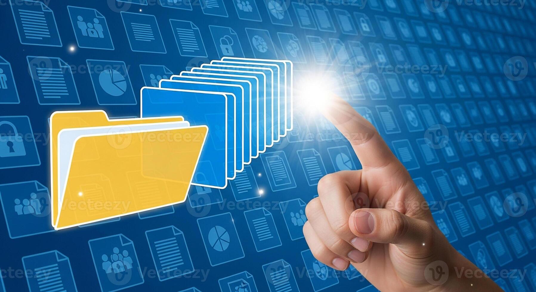 Hand interacting with digital folders and files on a touchscreen interface symbolizing data management and digital organization in a modern technological environment photo