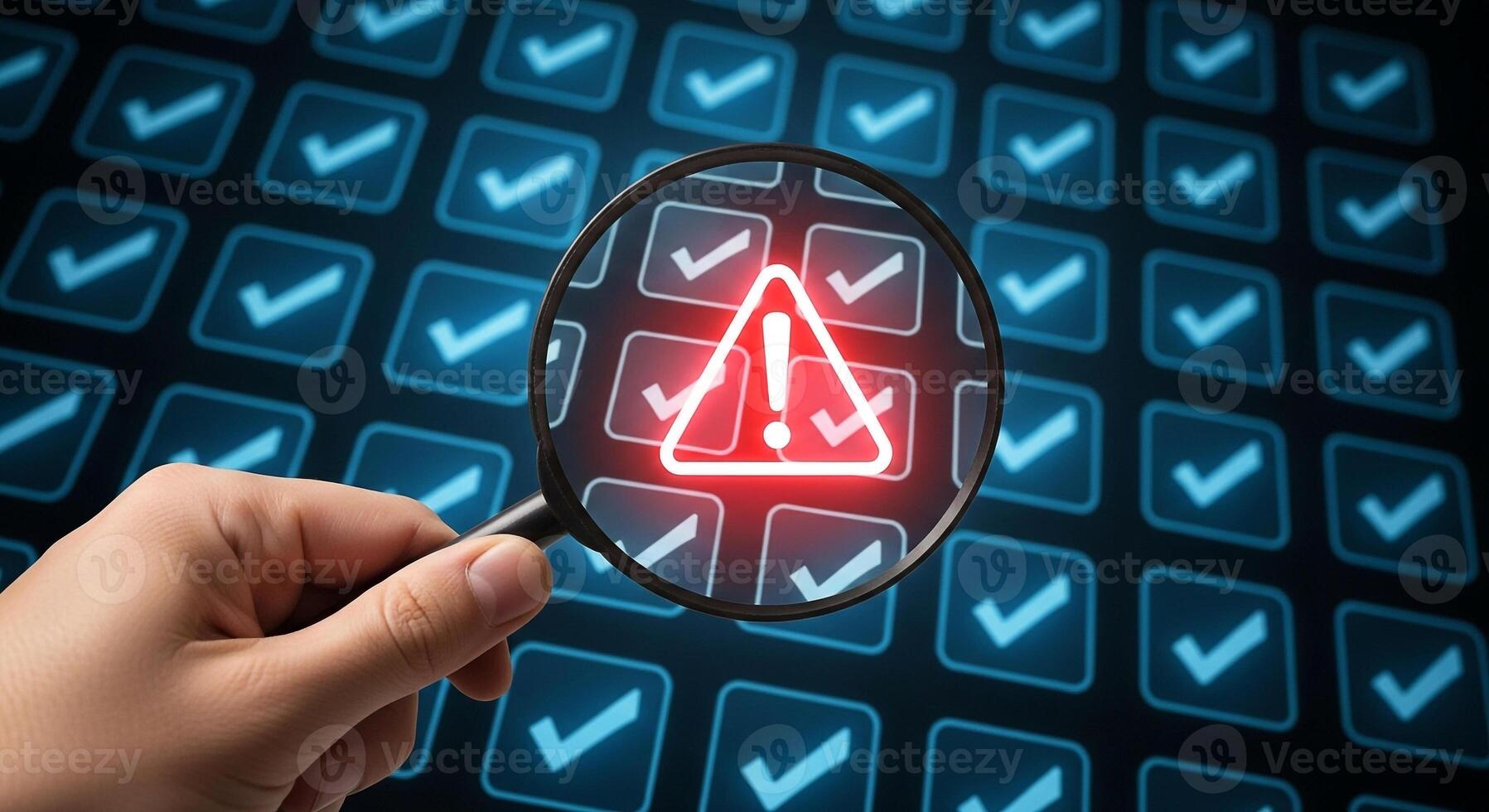 Hand holding magnifying glass revealing a red warning alert among many checkmarks on a digital screen highlighting a critical error or anomaly in a system check or quality control process The image ev photo