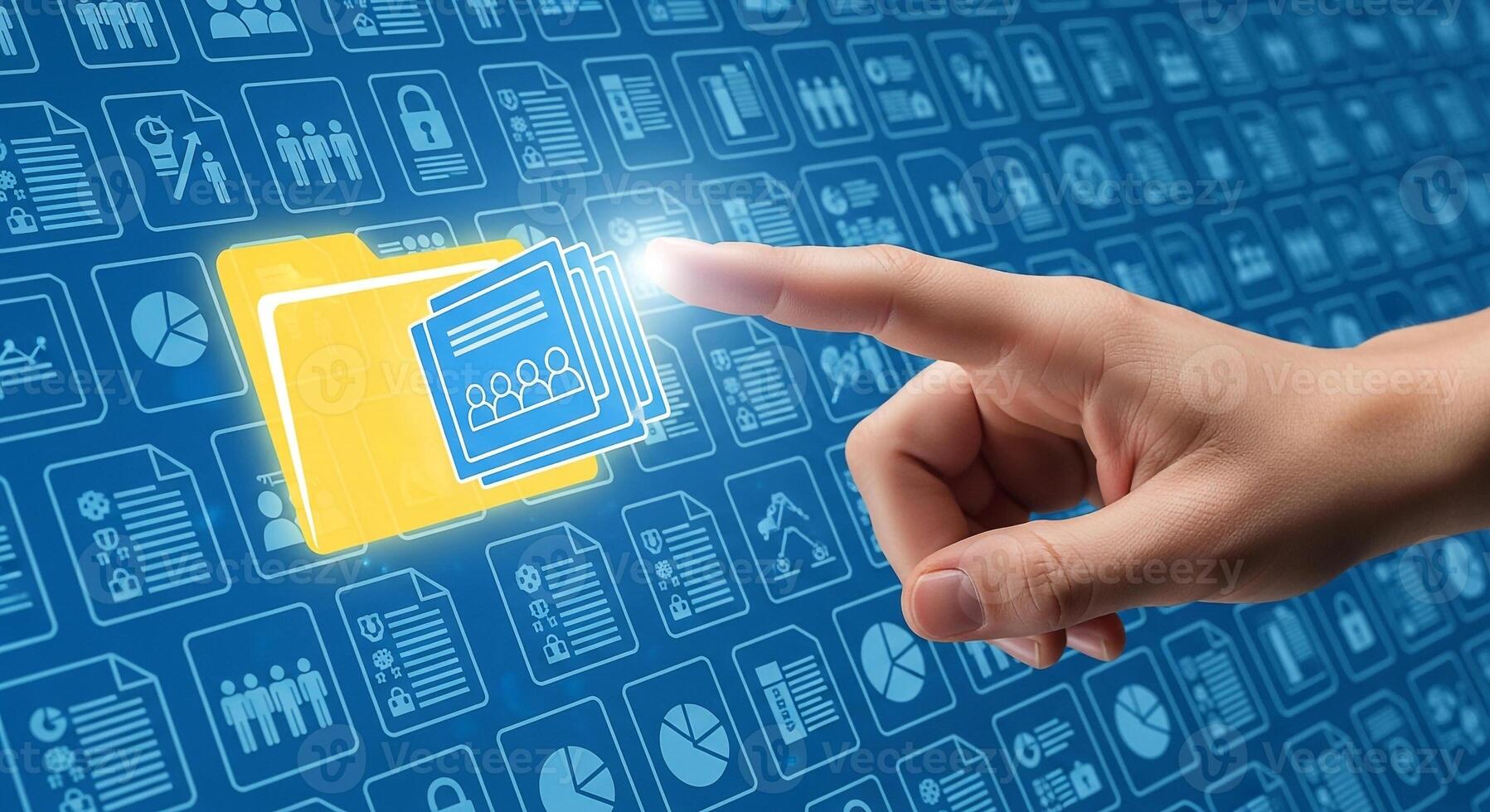 Hand Interacting with Digital Documents and Files on a Futuristic Interface Concept of Data Management Digital Transformation and Efficient Workflow photo