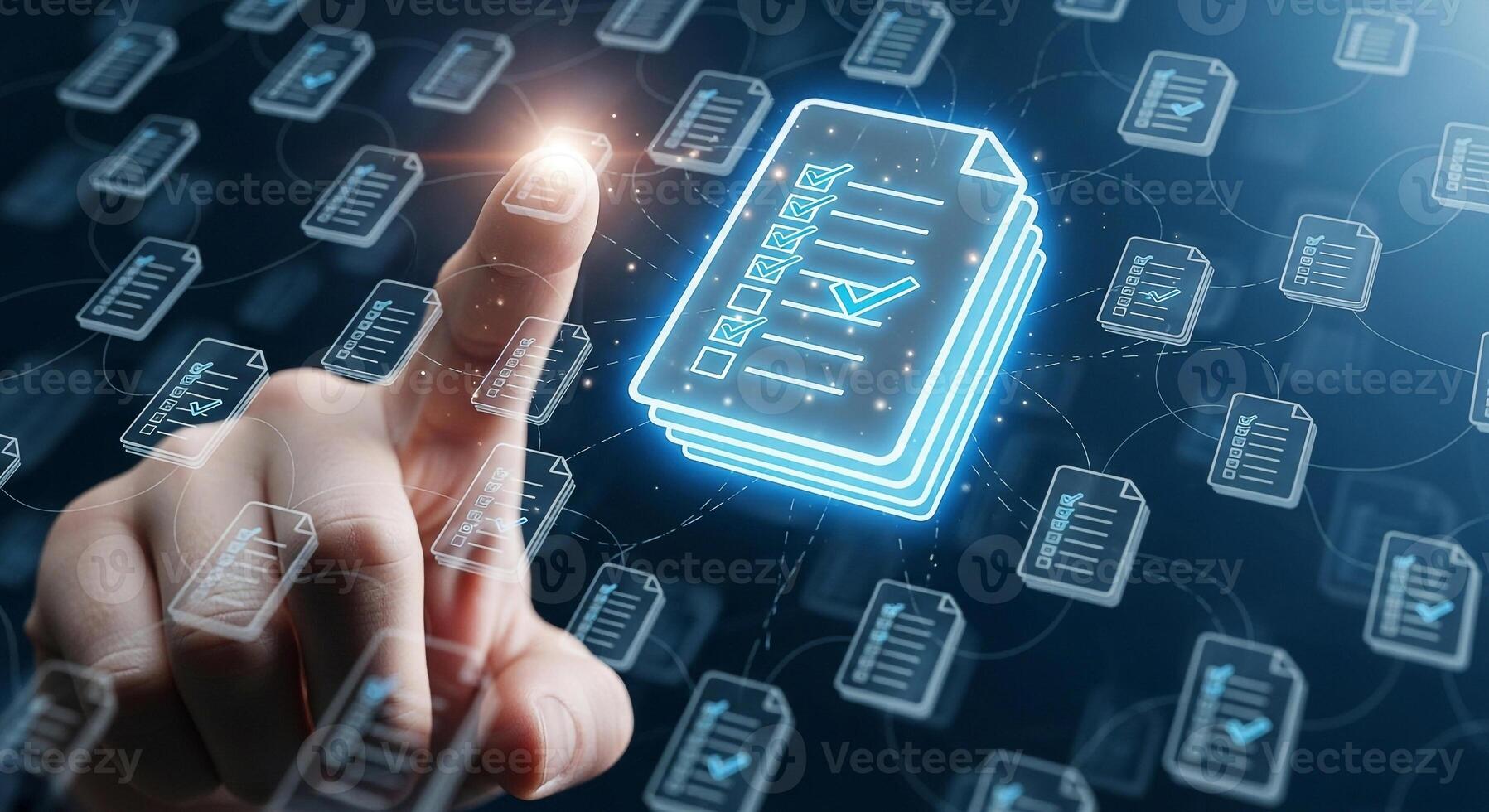 Hand Interacting with a Digital Interface Showing Checklists and Documents Representing Efficient Workflow and Task Management in a Modern Business Setting photo