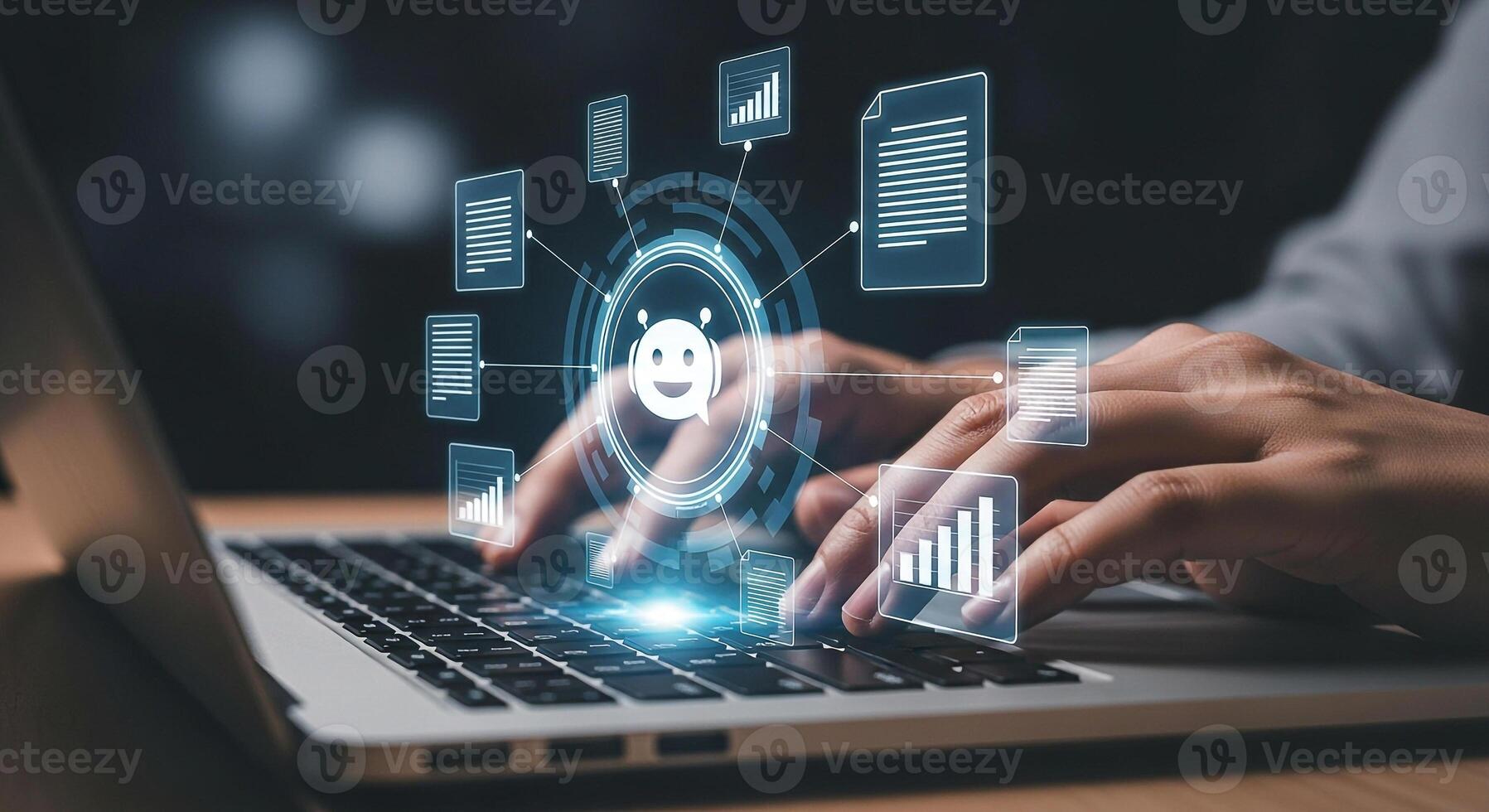 Person using laptop computer interacting with a digital holographic interface showing documents and graphs in a dark modern office concept of digital transformation and innovation photo