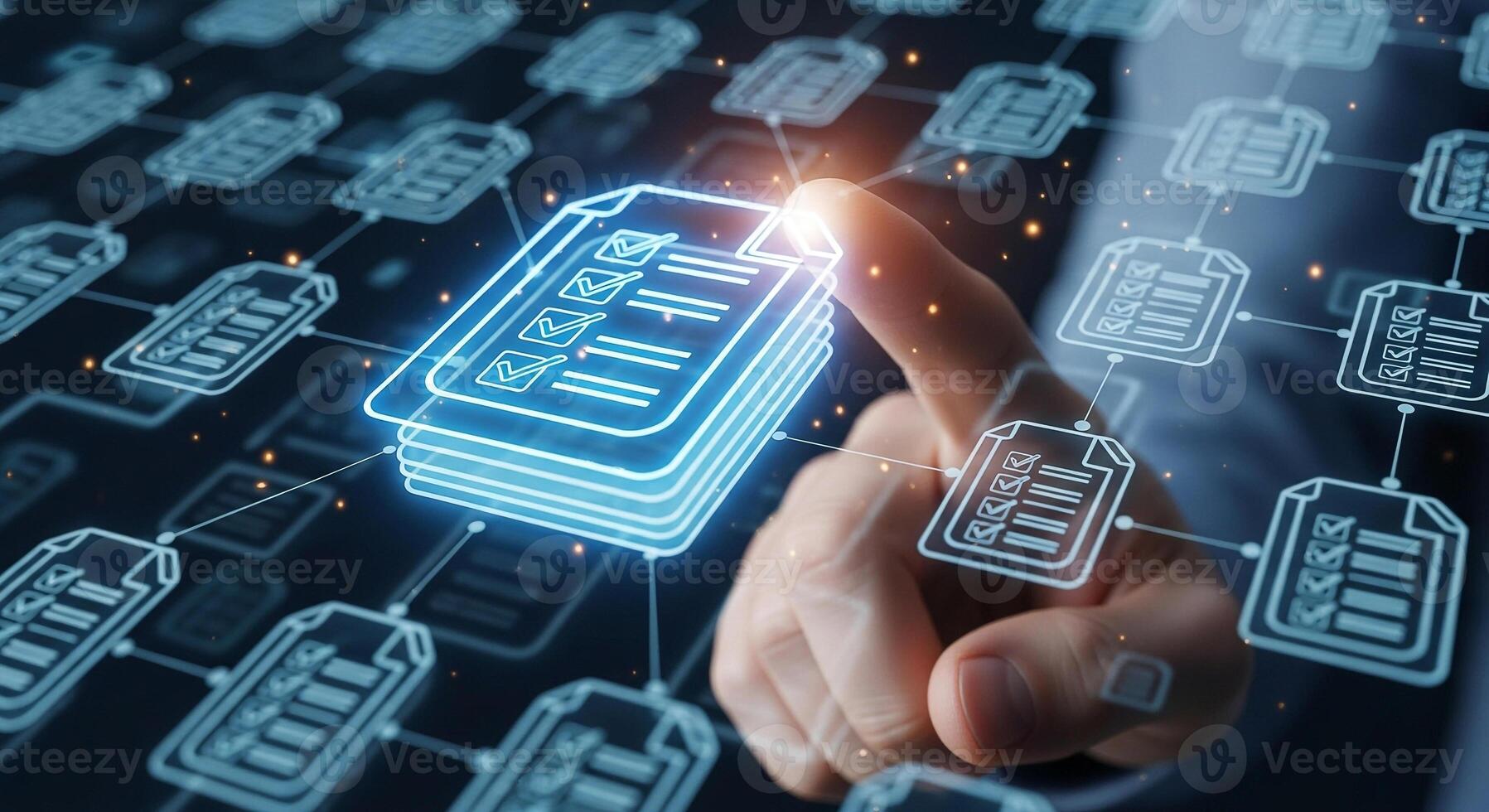 Hand Interacting with a Digital Network of Checklists and Documents Symbolizing Workflow Management and Digital Organization in a Modern Business Setting photo