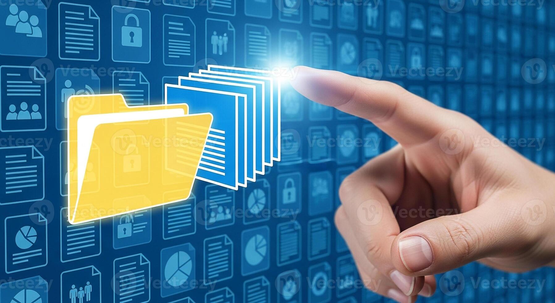 Hand selecting digital files from a virtual folder on a digital screen interface representing secure data management and efficient document access photo