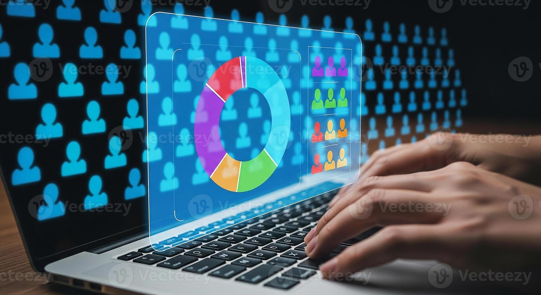 Person analyzing marketing data and demographics on laptop digital pie chart and user icons on screen business analytics concept photo