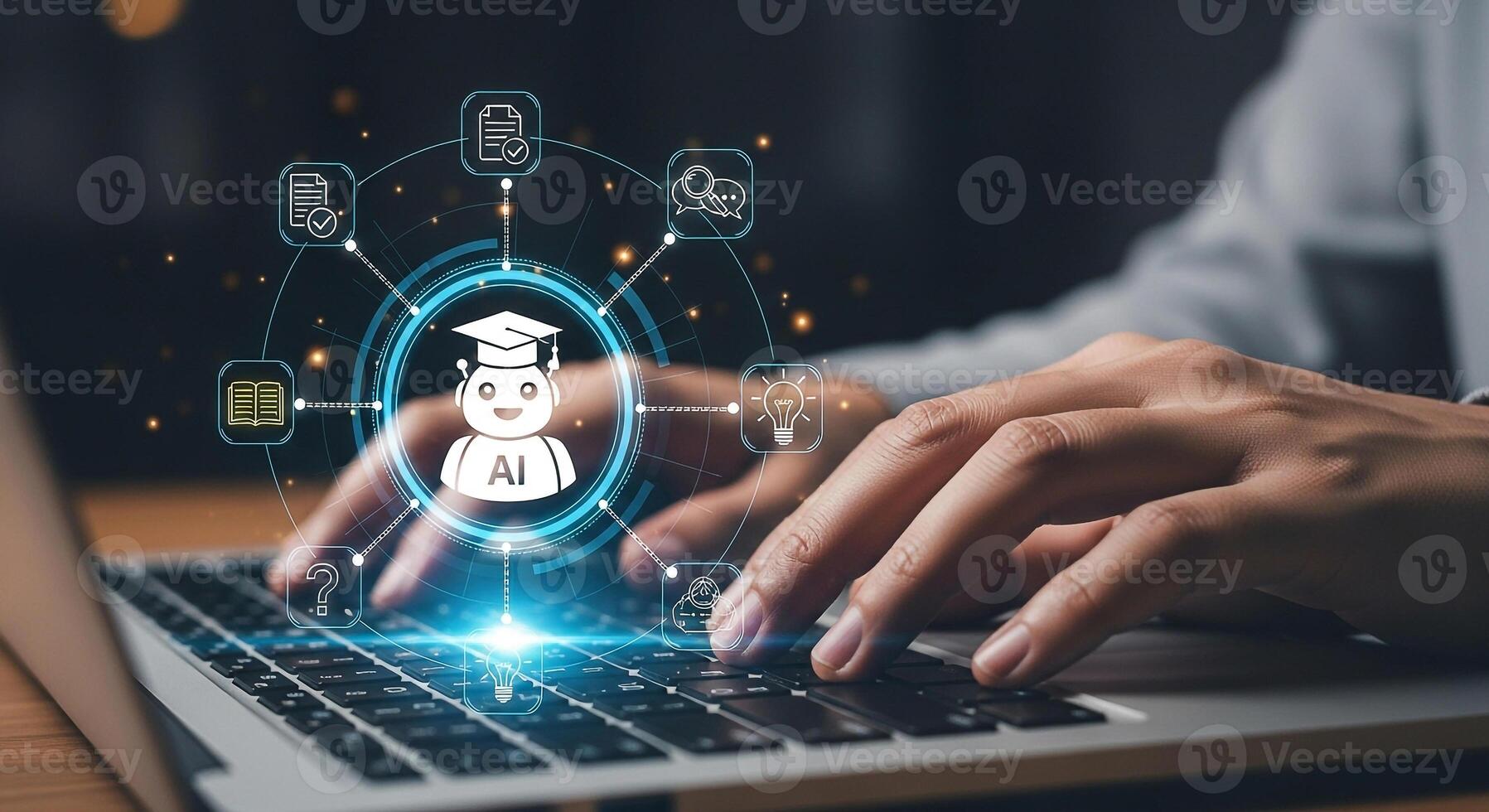 Person using laptop computer to access AI-powered education resources and online learning platforms studying innovative technology future of education concept photo