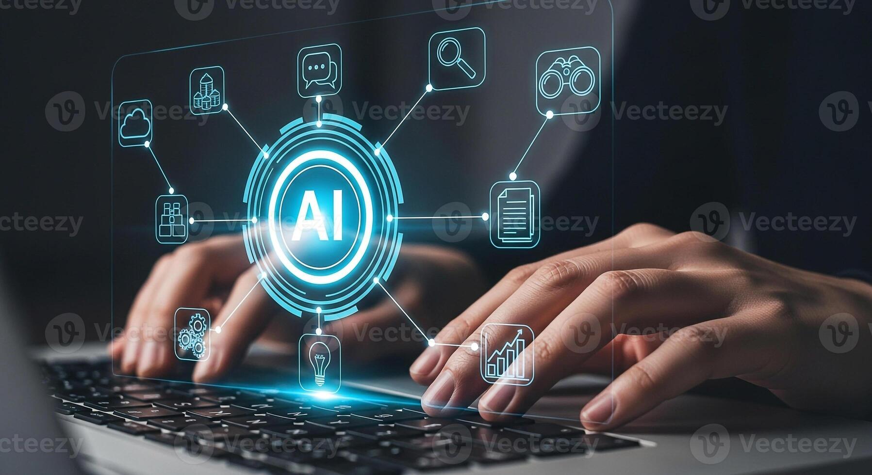 Person using laptop computer interacting with AI interface showing data analysis cloud computing and communication icons representing innovation and technological advancement in a modern digital works photo