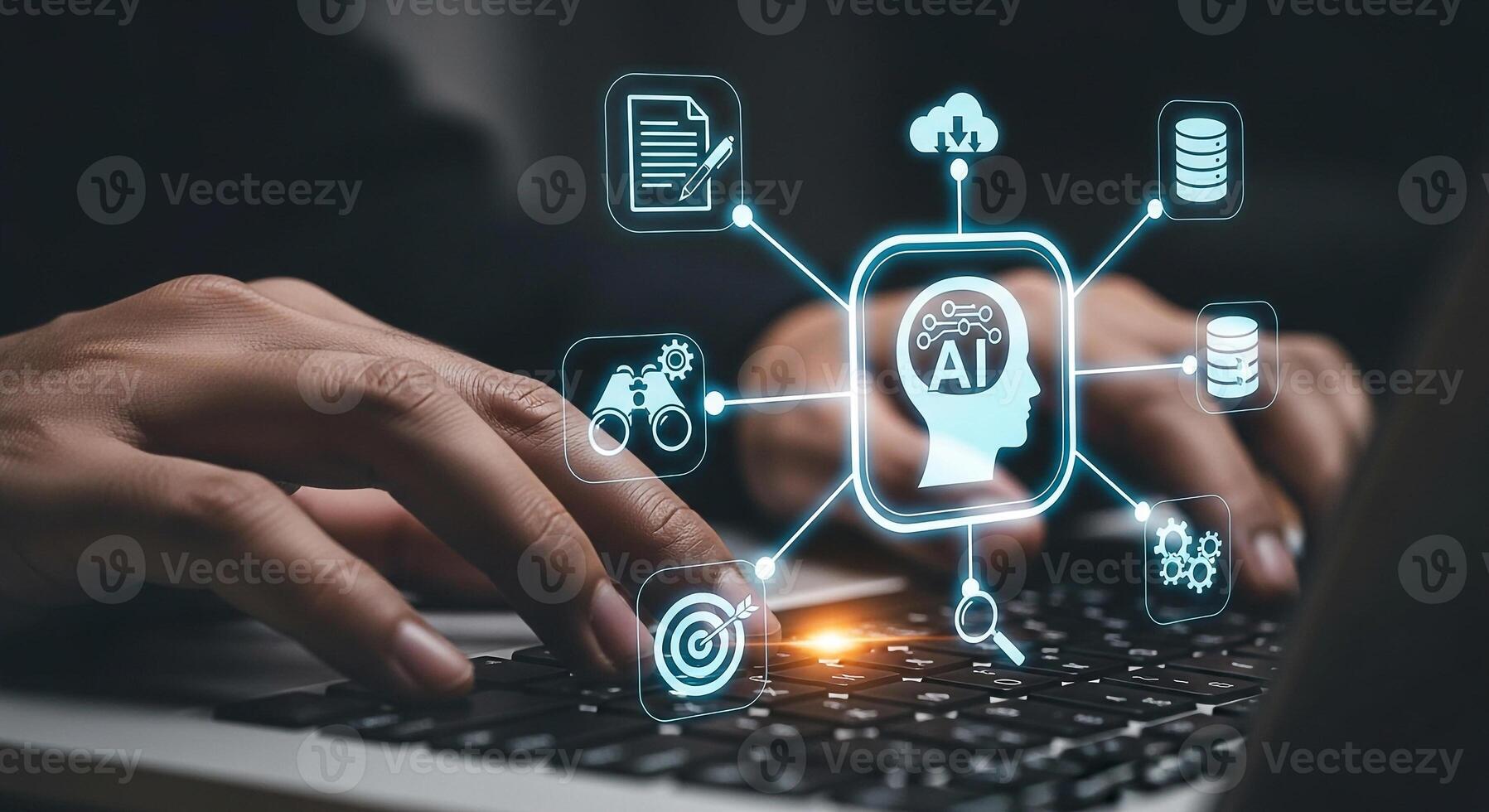 Person using laptop computer interacting with AI interface showing data analysis cloud computing and target goal signifying innovative technology and future-forward business solutions photo