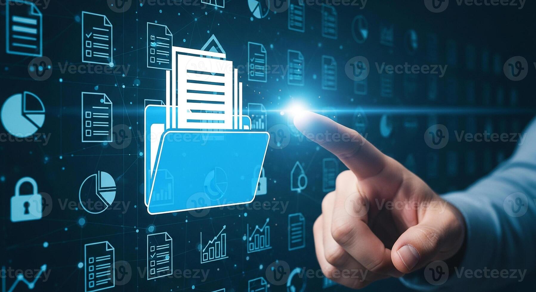 Hand interacting with digital interface showing document folder charts and graphs concept of data management and digital document storage photo
