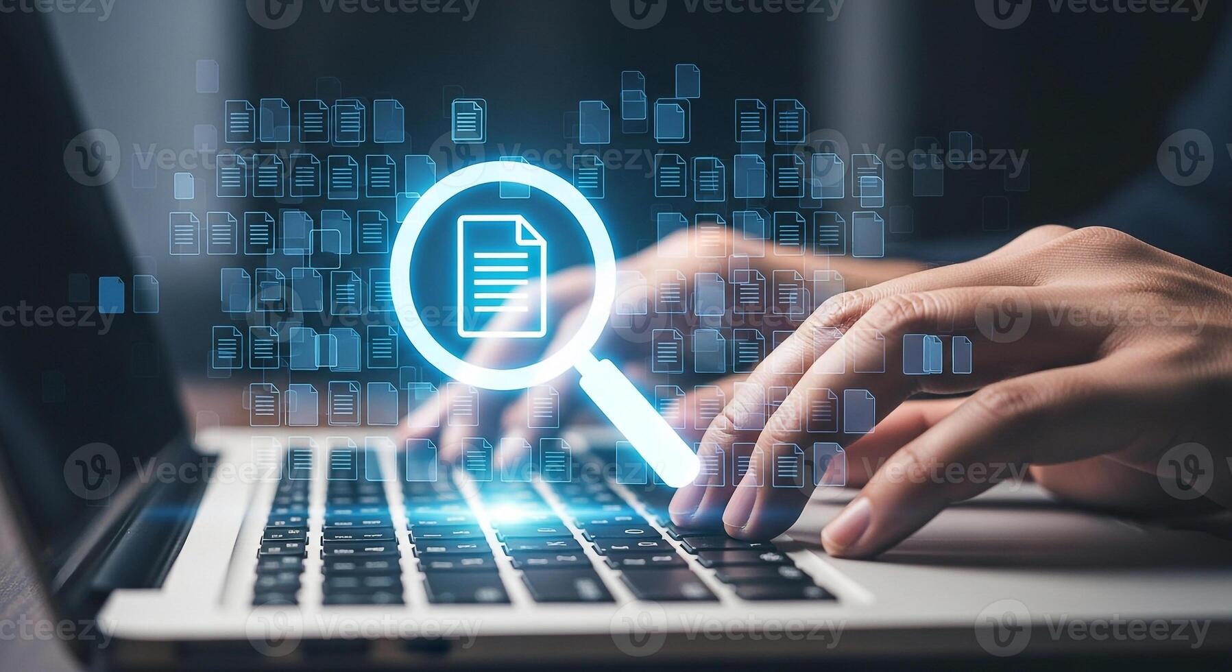 Person using laptop computer to search for digital documents online data analysis information technology and document management concept photo