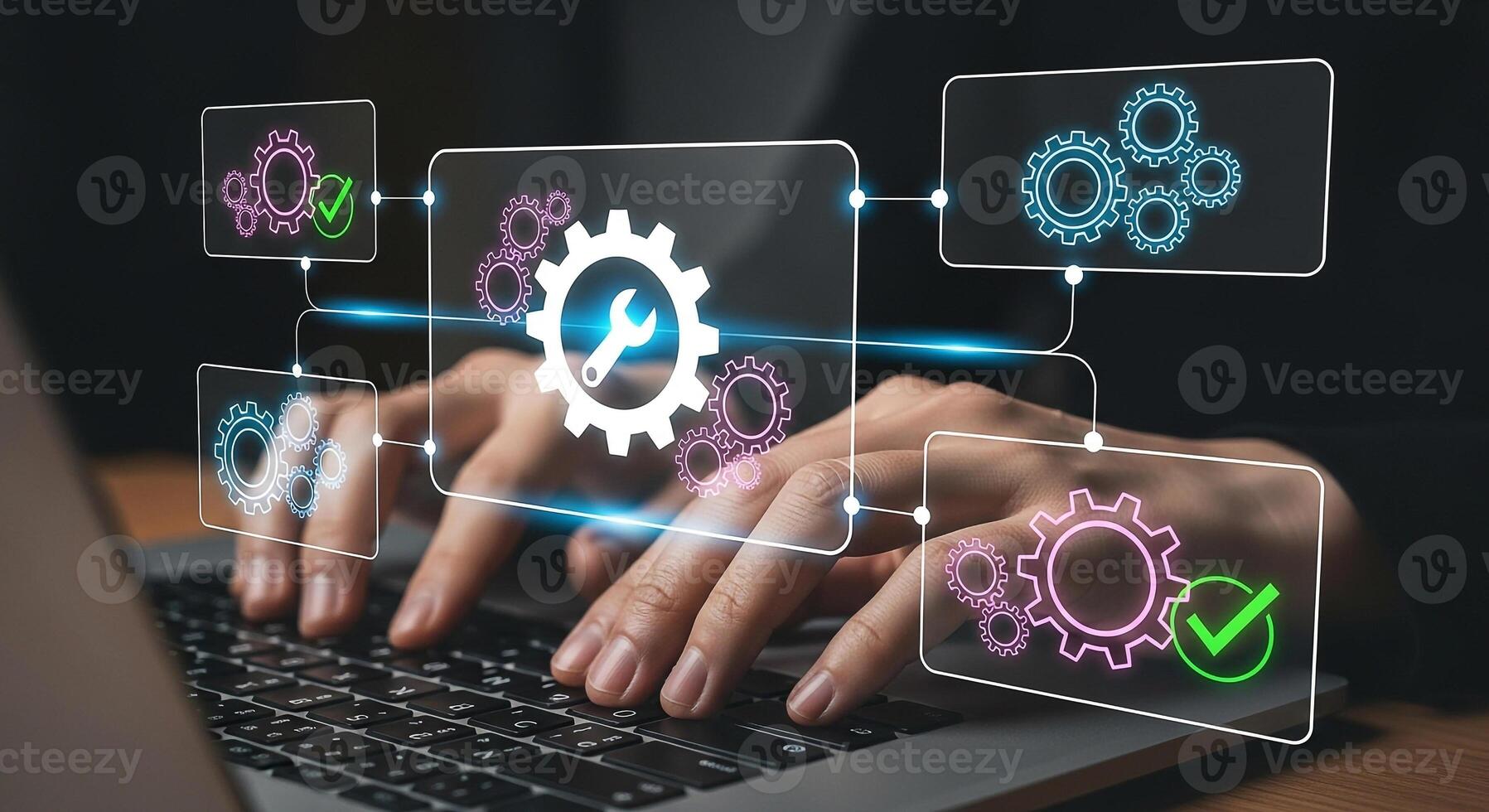 Person using laptop computer to manage and optimize a system with digital gears and check marks indicating process improvement and success The image conveys concepts of efficiency technology and probl photo
