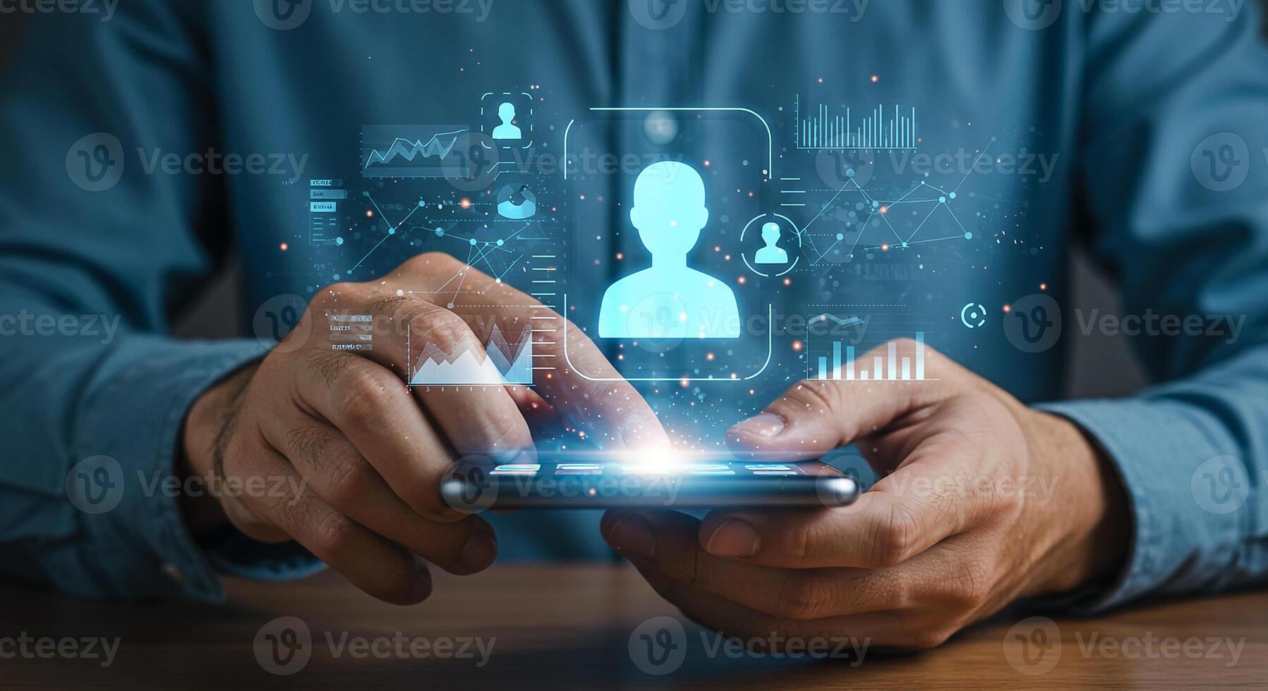 Man using smartphone to access digital profile information with futuristic interface charts and graphs Futuristic technology concept Businessman working on mobile device analyzing data and statistics photo