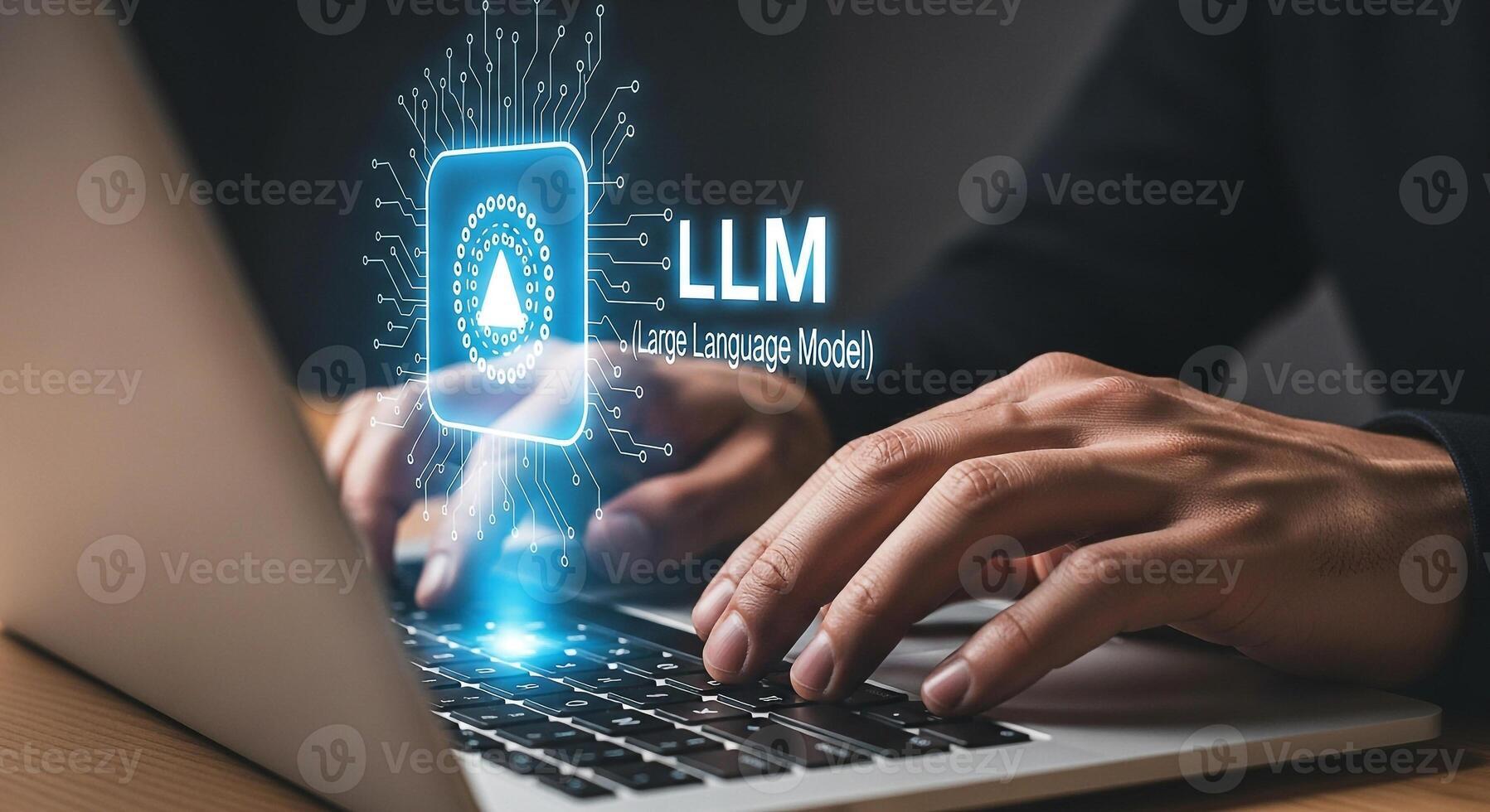 Person working on laptop computer with LLM Large Language Model digital interface innovative technology concept futuristic workspace setting artificial intelligence digital transformation deep learnin photo