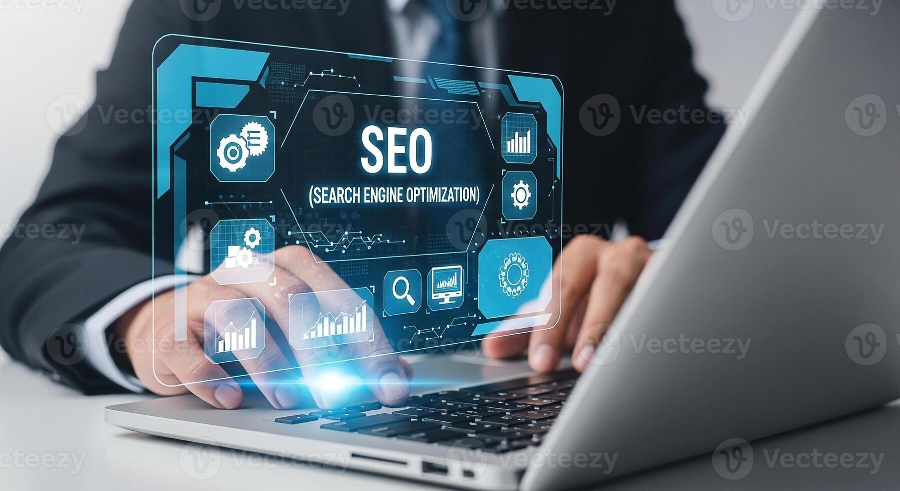 Businessman working on laptop managing SEO strategy with digital interface showing search engine optimization keywords data analysis and online marketing Concept of digital marketing and online busine photo