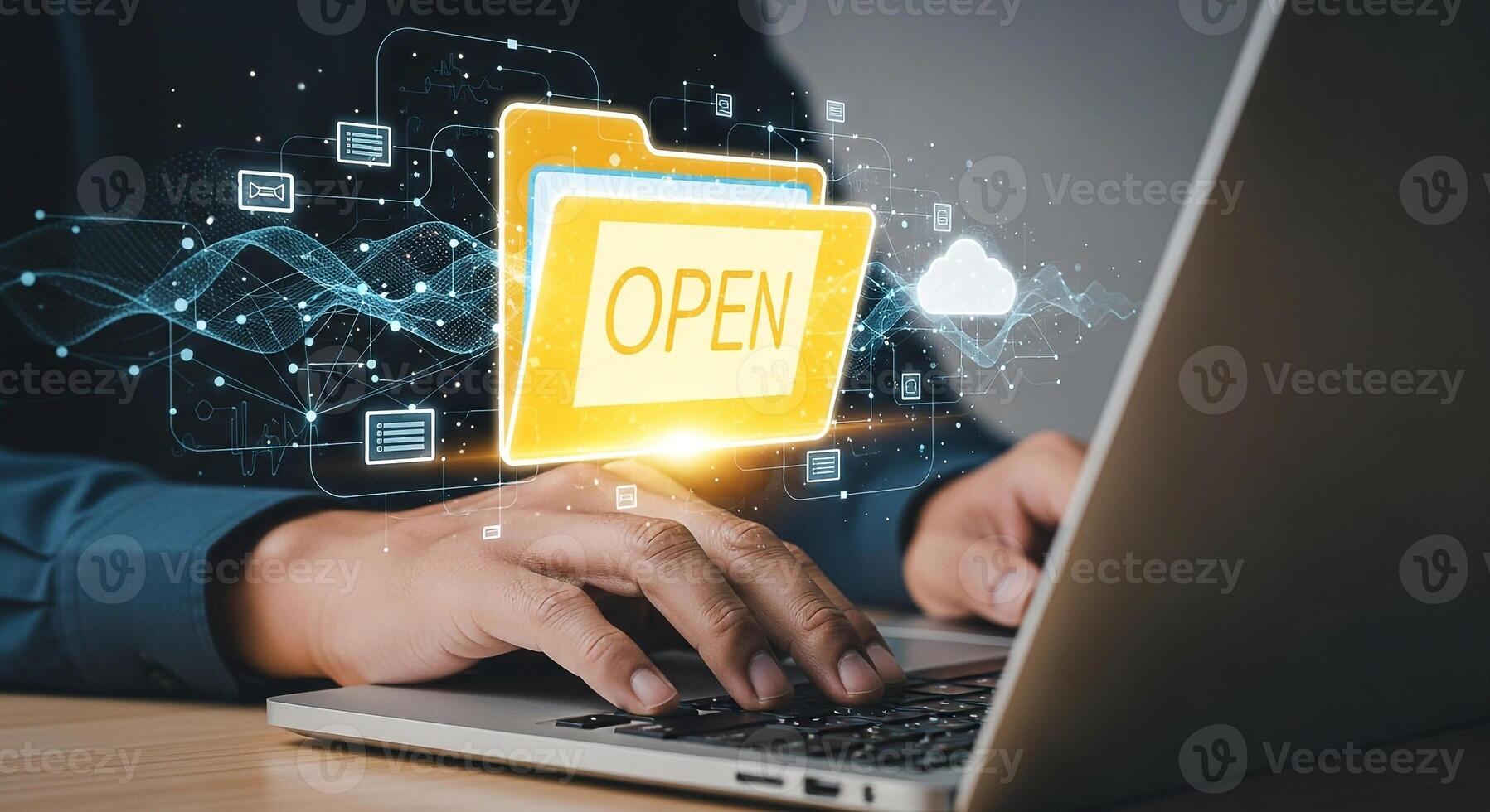 Person opening a digital file on laptop computer showcasing online data access and cloud computing concept The glowing folder icon symbolizes seamless file sharing and modern technology integration hi photo