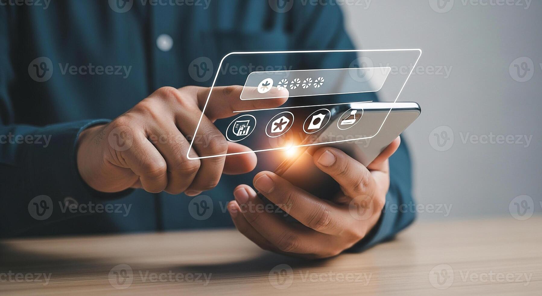 Person using a smartphone to access secure online services showcasing secure mobile banking and digital identity verification on a transparent interface The concept highlights the convenience and secu photo