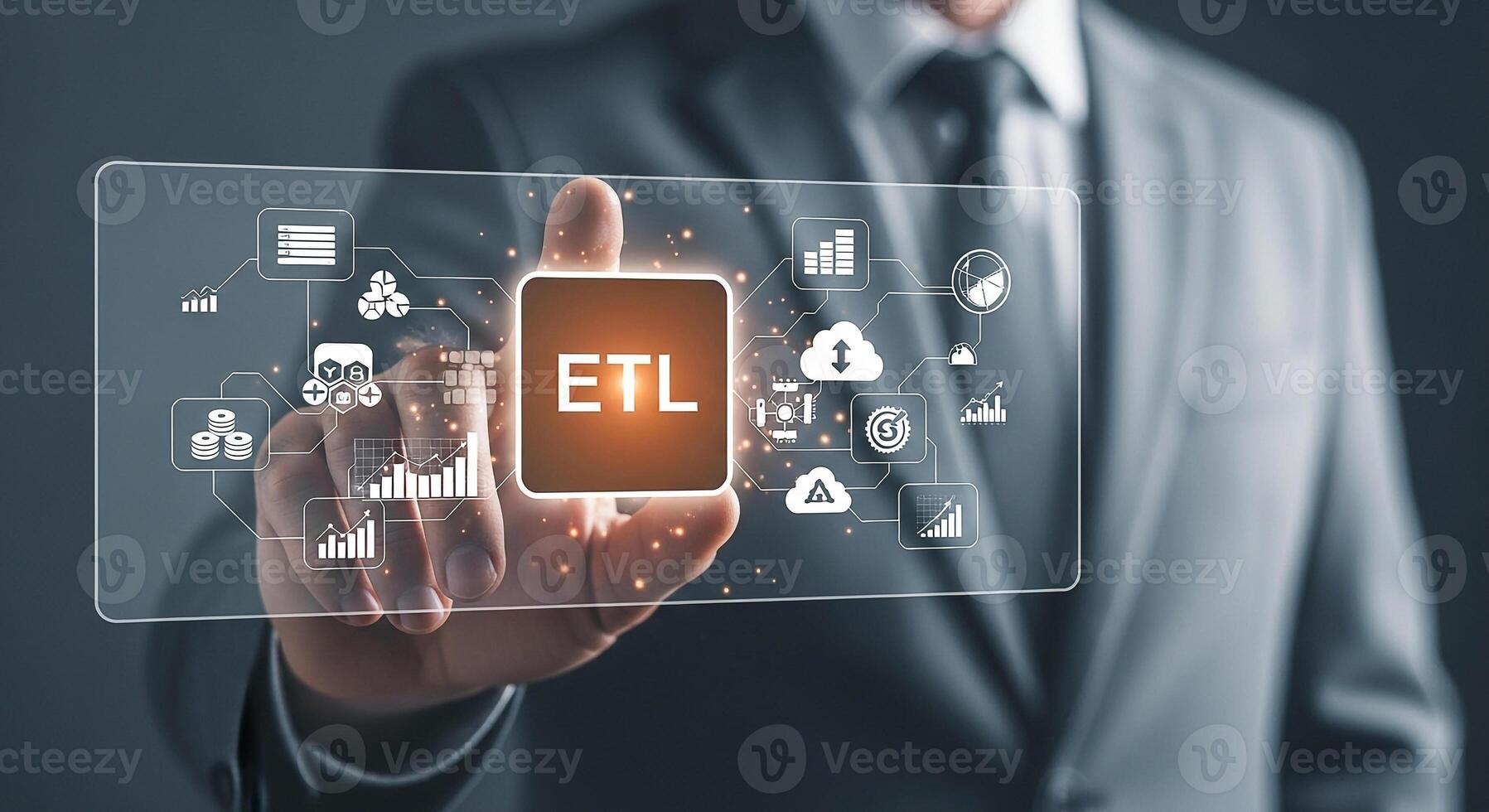 Businessman interacts with a futuristic transparent digital interface displaying ETL process showcasing data integration analytics and cloud computing concepts photo