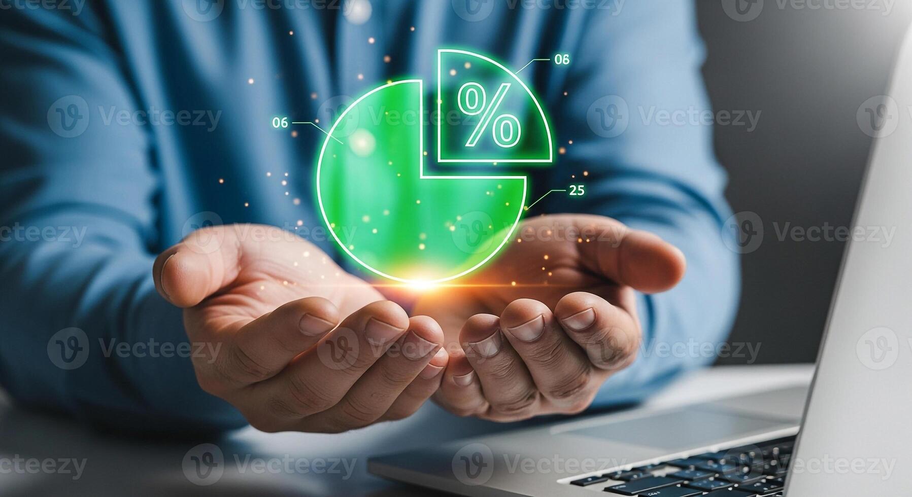Man presenting a glowing green pie chart symbolizing growth and success in a modern office setting The image evokes a sense of innovation technology and data-driven decision-making in business photo