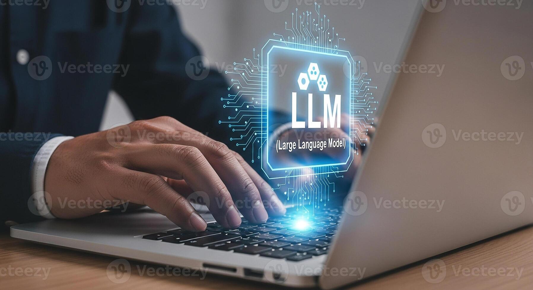Person working on laptop computer with LLM Large Language Model interface showcasing innovative technology and digital future concept in modern office setting photo