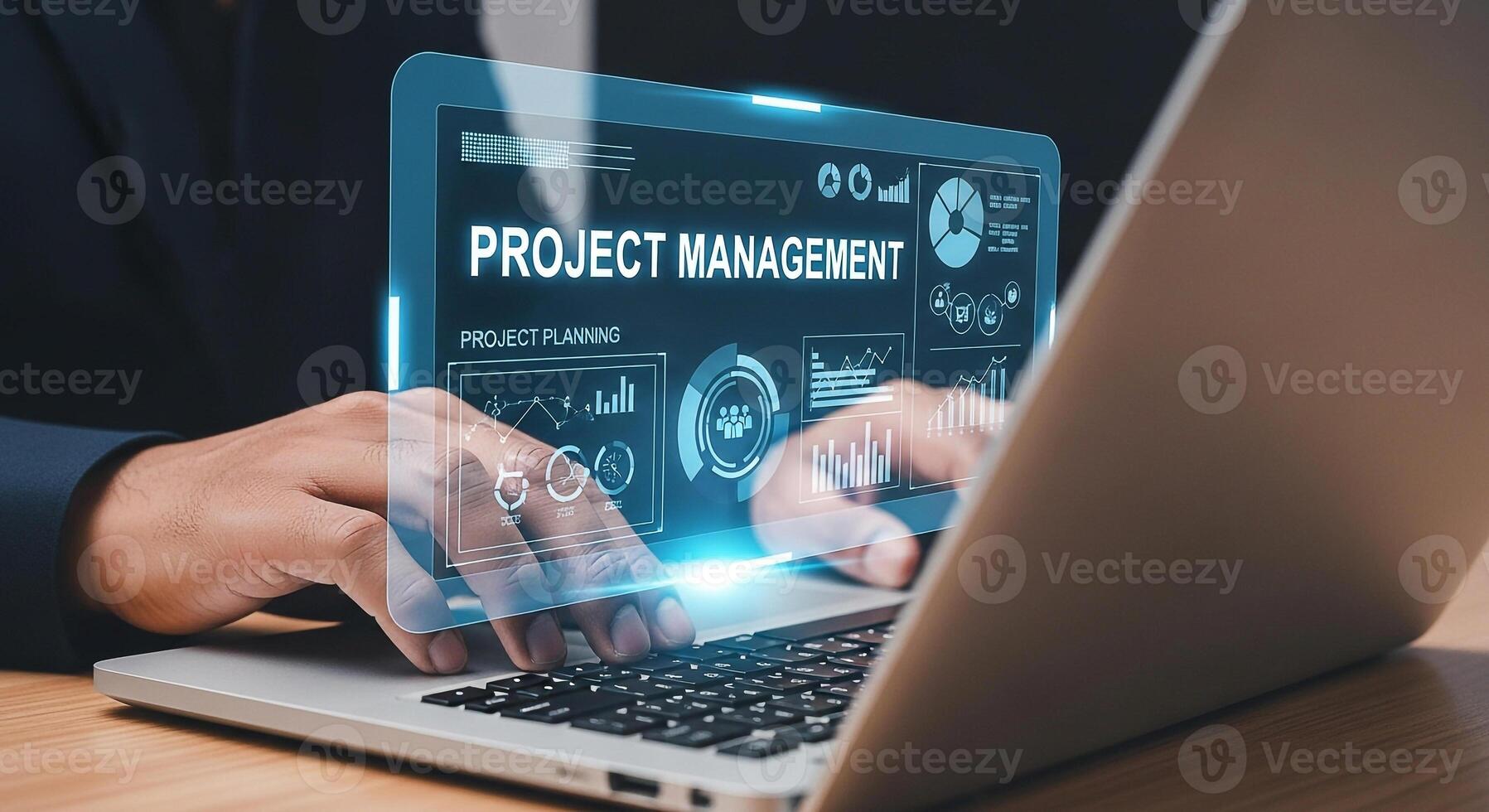 Businessman using laptop computer to manage project planning, analyzing data charts and graphs in a modern office, showcasing efficiency and success photo