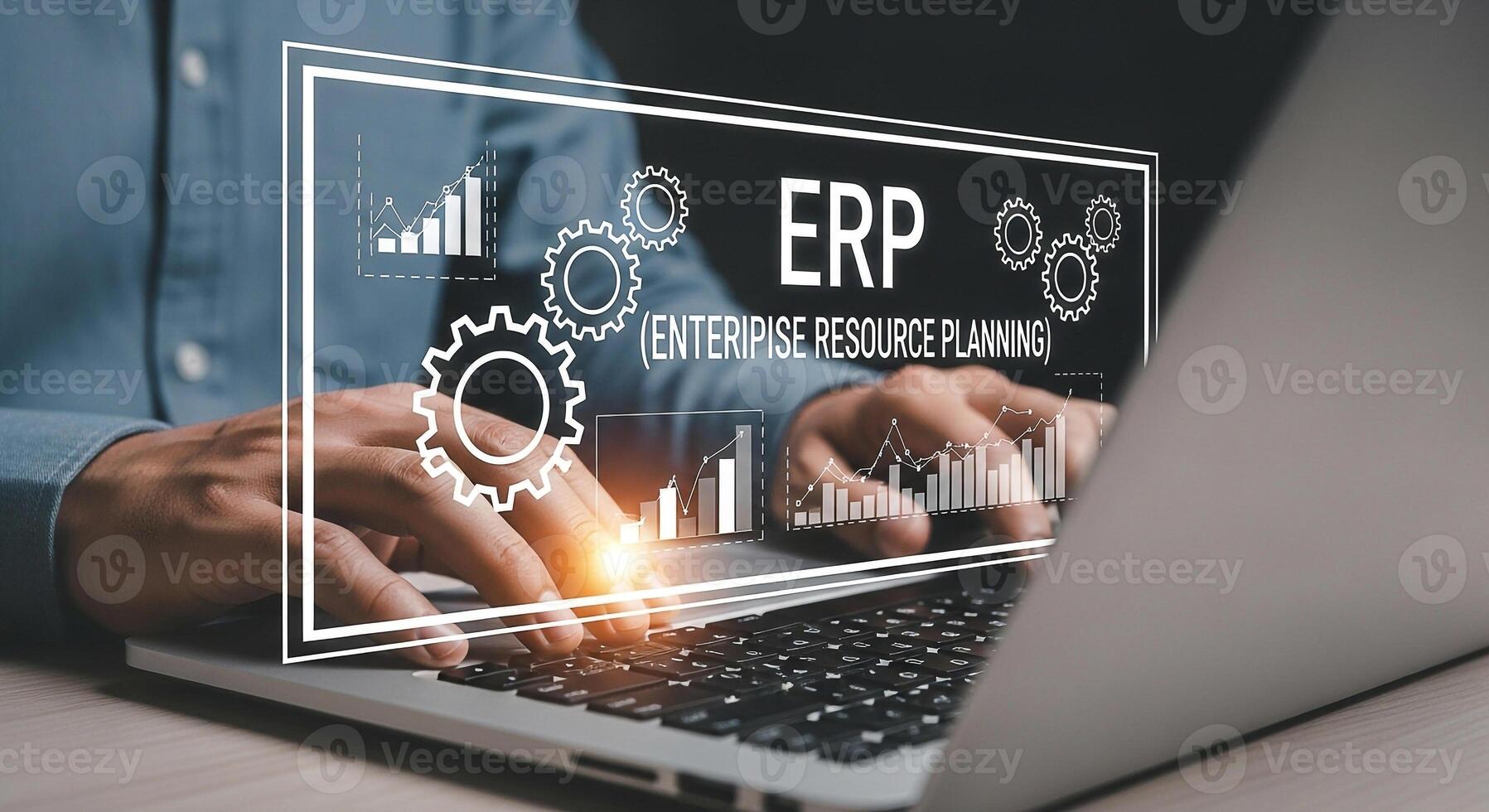 Businessman using laptop computer to implement ERP system, improving efficiency and productivity in the modern workplace He is working diligently on enterprise resource planning, analyzing graphs and photo