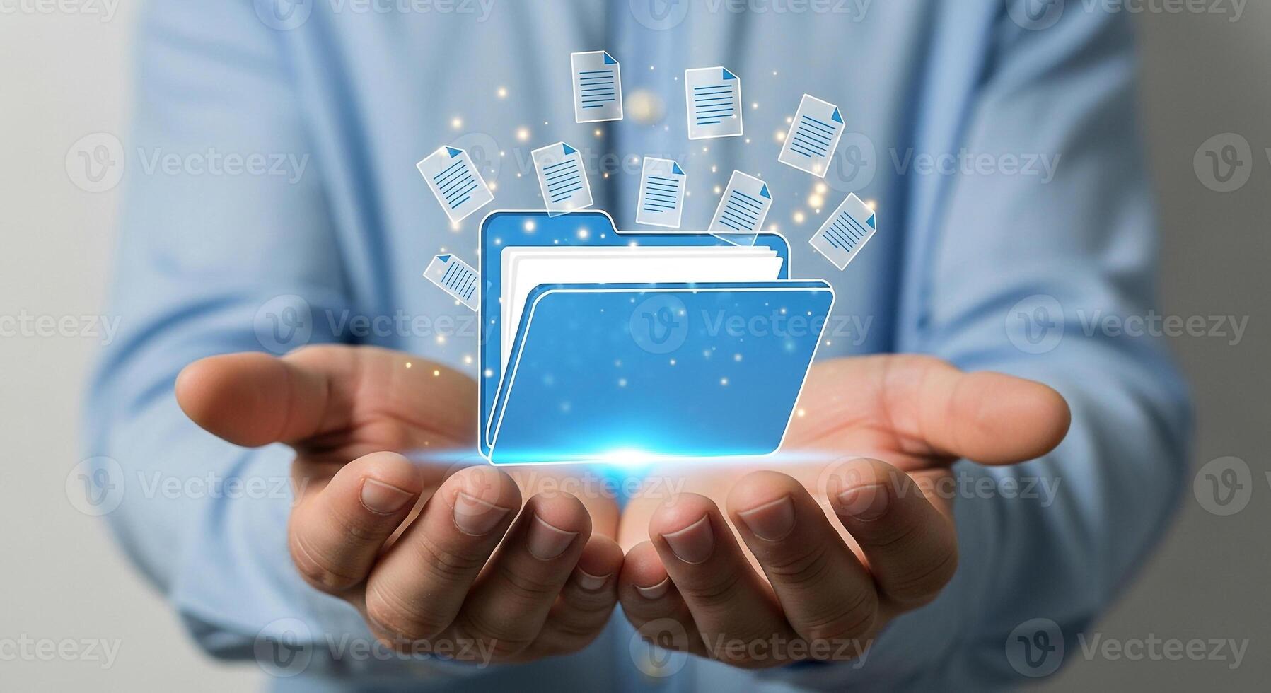 Man presenting a digital folder with documents, showcasing data management and digital transformation in a modern business setting The concept represents secure information storage, efficient workflow photo