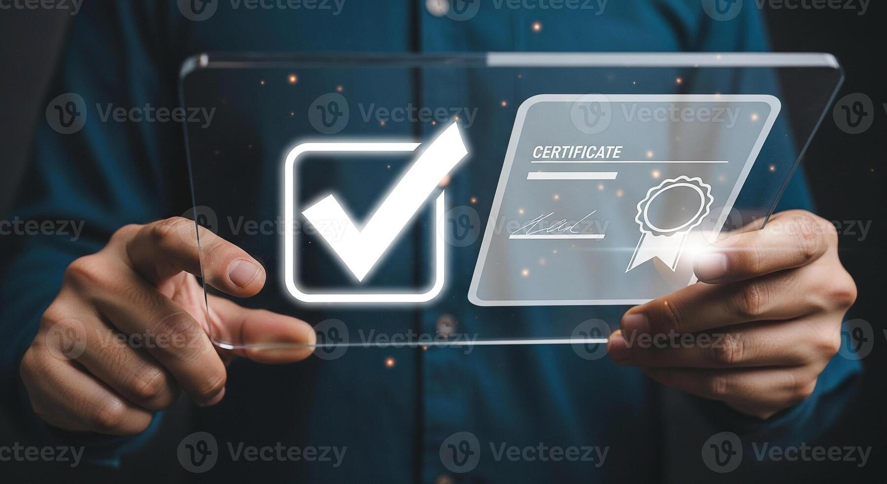 Person Holding Transparent Futuristic Device Displaying Digital Certificate and Check Mark Concept of Online Verification, Validation, and Approval photo