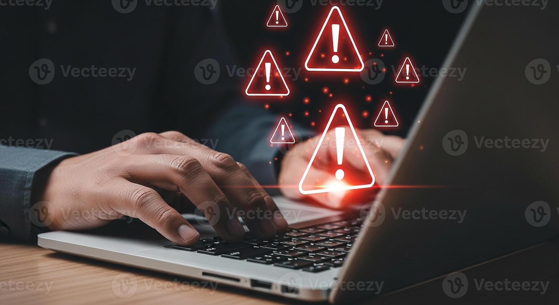 Person working on laptop computer with warning signs appearing, troubleshooting a problem, late night, urgent, problem solving, alert, notification, digital, technology, online, internet, security, ri photo