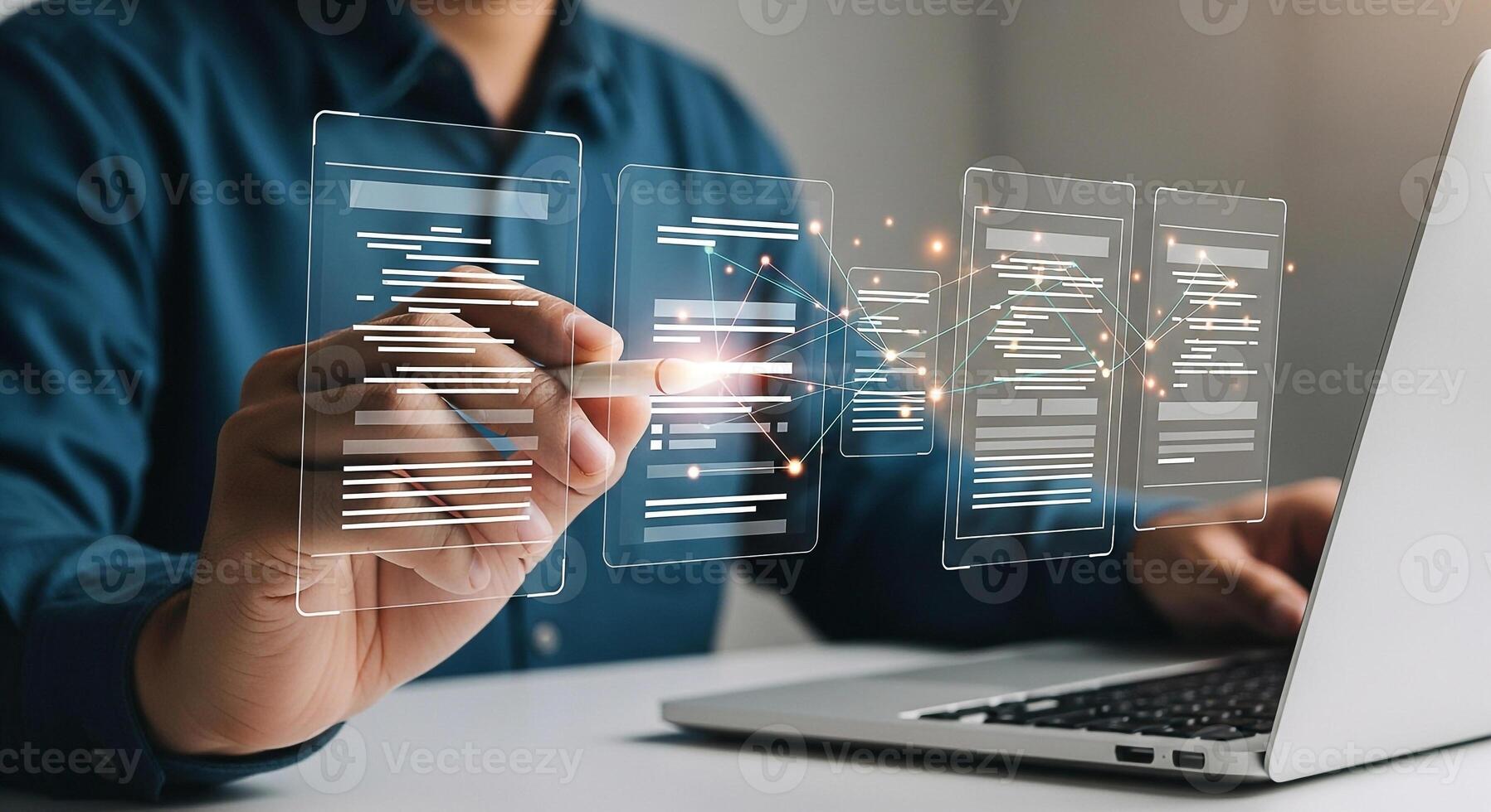 Programmer working with digital code documents, developing software applications in a modern office, using a laptop, innovative technology concept photo