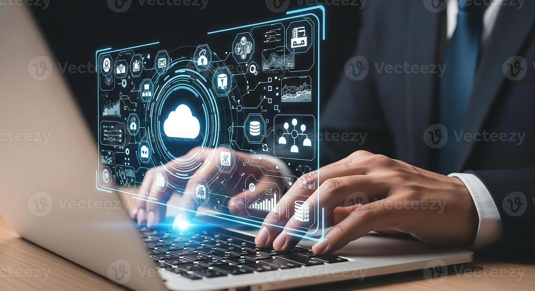 Businessman using laptop, interacting with futuristic cloud computing interface, showcasing data analysis and network visualization in a modern office setting, symbolizing innovation and technological photo
