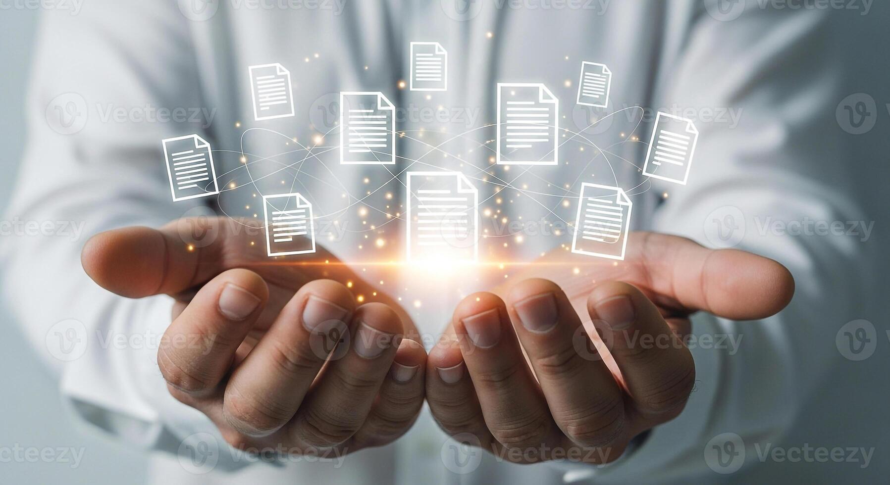 Man showcasing network of digital documents, innovative technology, future of data management, concept of connectivity and information flow photo