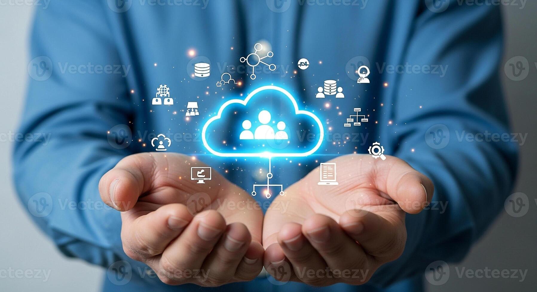 Man Presenting Cloud Computing Network, Digital Technology, Data Management, and Global Connectivity Concept A businessman showcasing a glowing cloud symbol representing secure data storage, teamwork, photo