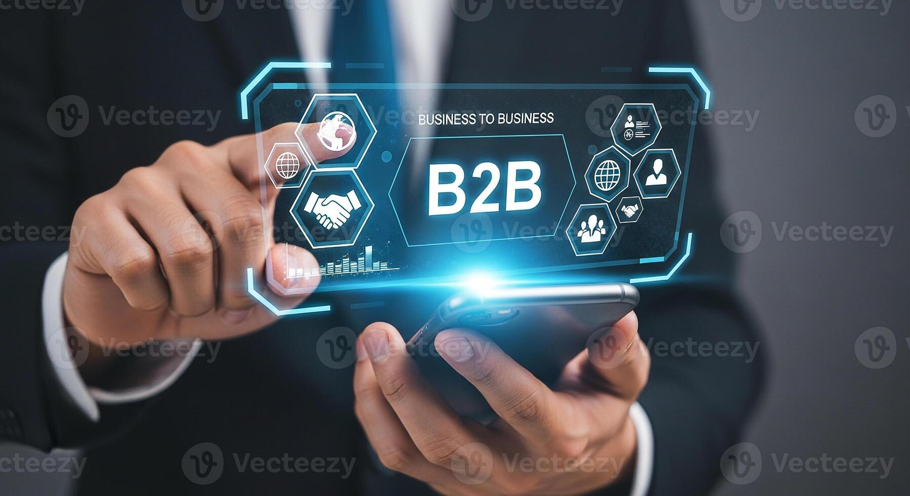 Businessperson using smartphone to access and manage B2B business data and analytics, showcasing a futuristic interface with networking and partnership icons, symbolizing modern technology and collabo photo