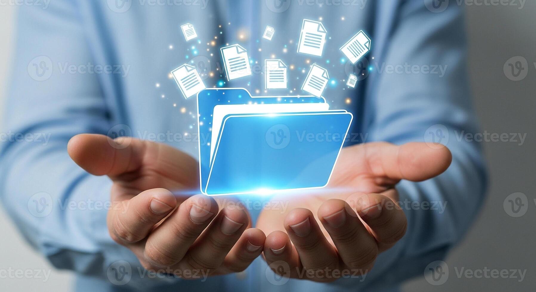 Man Presenting a Digital Folder with Documents in a Futuristic Setting, Concept of Data Management and Innovation photo