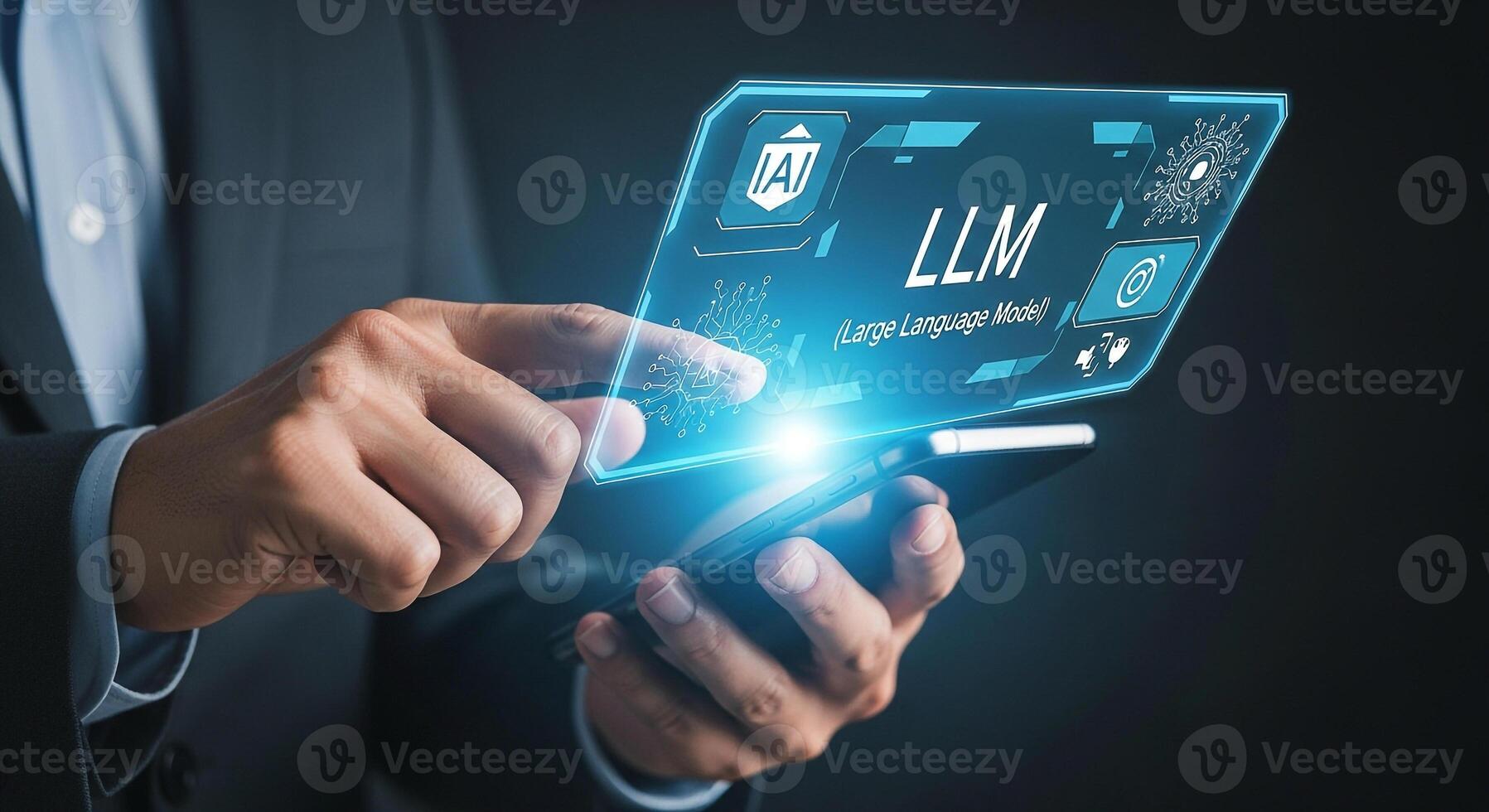 Businessman interacts with a futuristic LLM interface on a smartphone, exploring the innovative potential of artificial intelligence and large language models in a modern digital workspace photo
