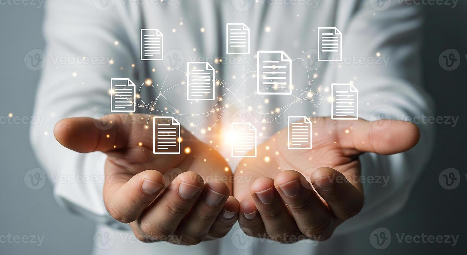 Person presenting network of digital documents, showcasing online data management and collaboration, symbolizing connectivity and information sharing in a modern workspace photo