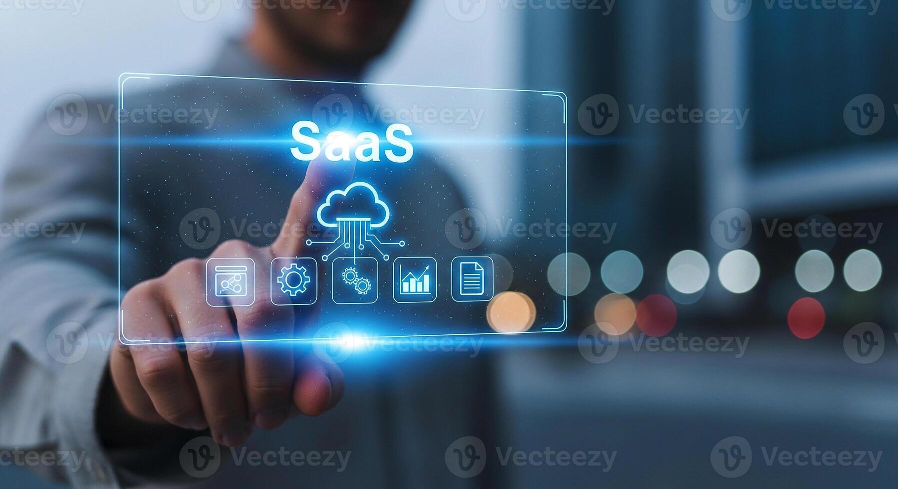 Businessman interacts with futuristic SaaS interface, managing cloud computing data and analytics in a modern city setting, symbolizing innovation and technological advancement photo