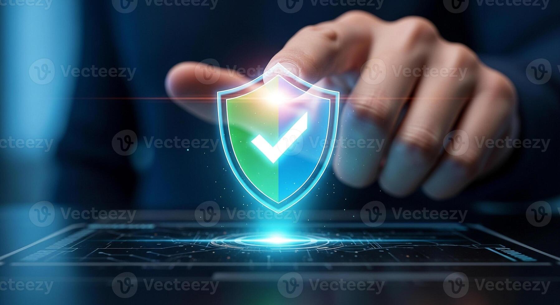 Hand activating a digital shield with a check mark on a tablet, symbolizing online security and data protection photo