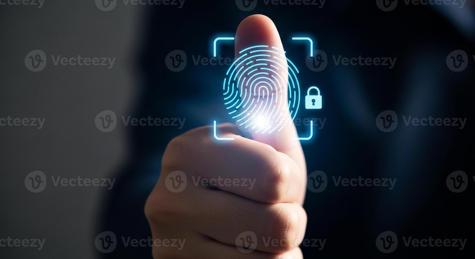 Person using fingerprint scanner for biometric authentication, securing digital data with modern technology, privacy and security concept photo