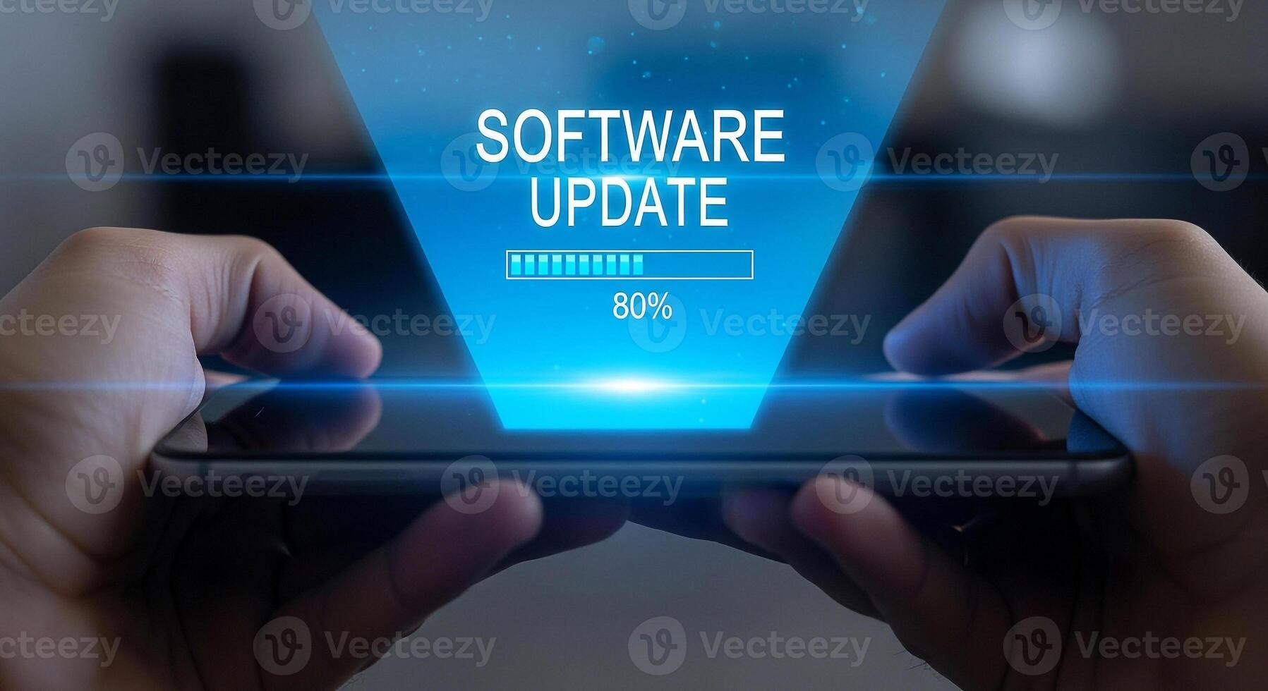Person installing a software update on a smartphone, progress bar showing 80, modern technology concept photo