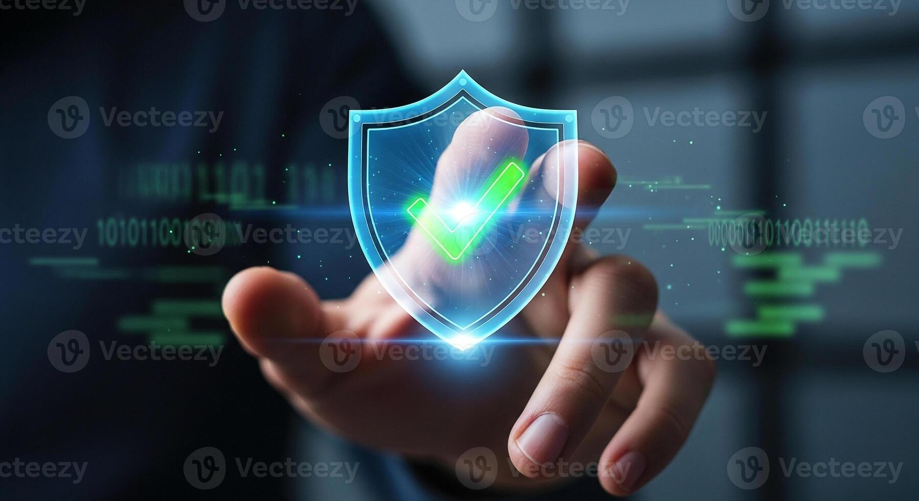 Hand interacting with a digital shield interface, activating security and protection in a technological environment, symbolizing safety and secure data photo