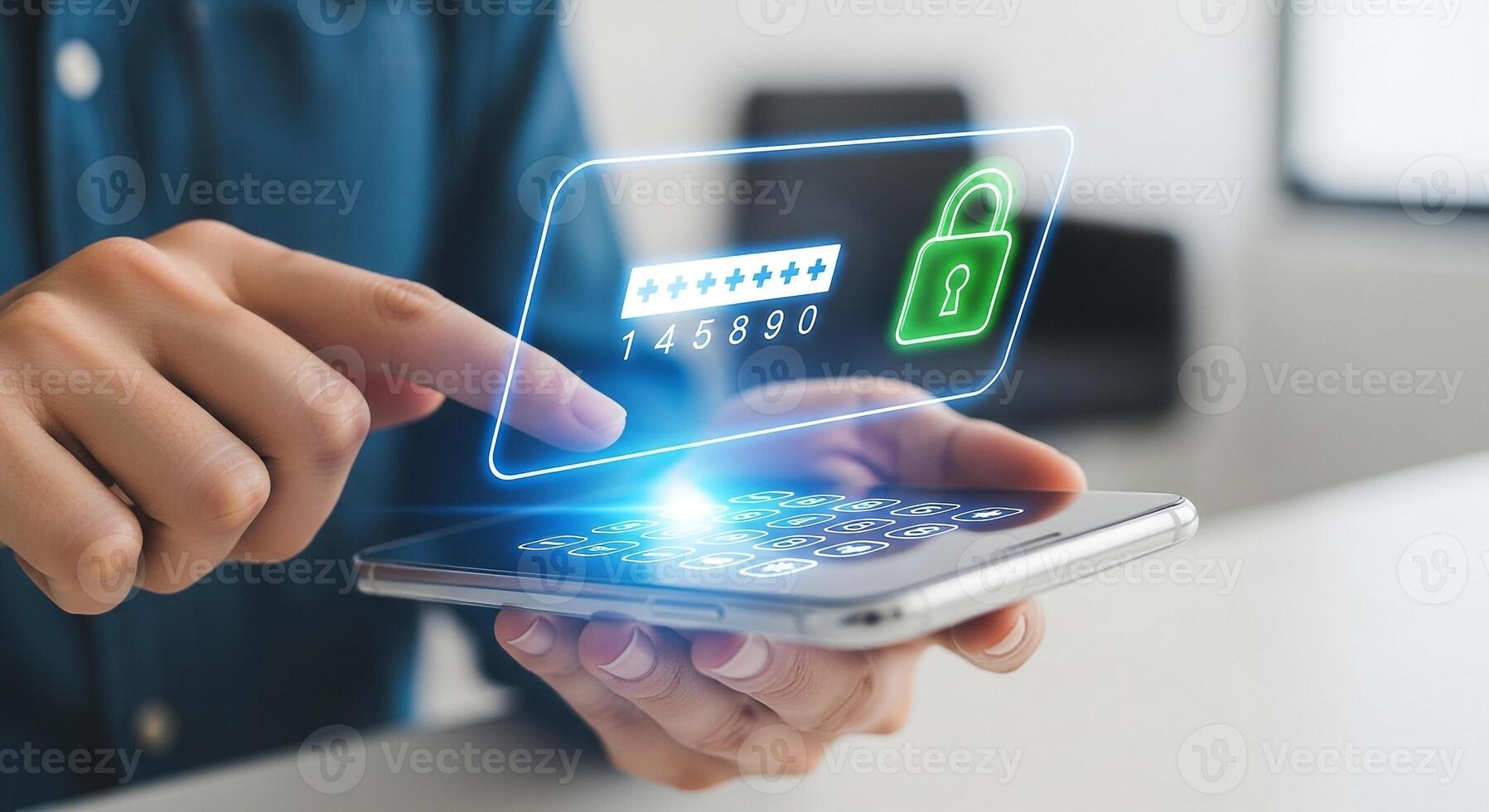 Person entering a passcode on a smartphone, securing digital data with a holographic lock interface in a modern office setting, symbolizing online security and privacy photo