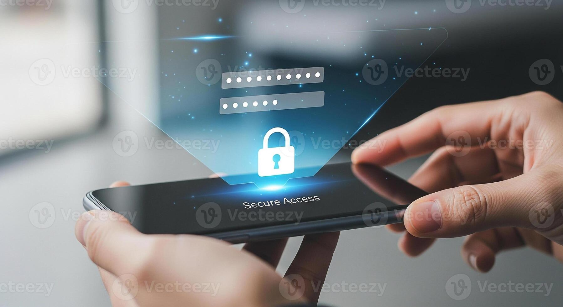 Person accessing secure data on smartphone with password and lock graphic, digital security concept photo