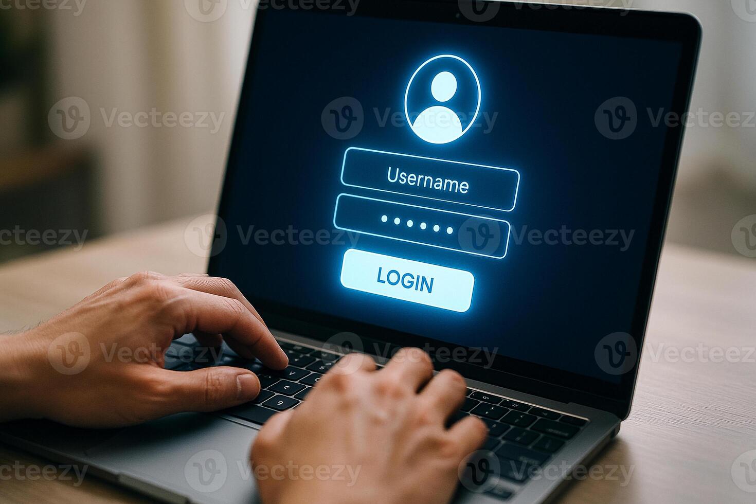 Person logging in to online account using laptop computer at home secure access digital security internet privacy photo