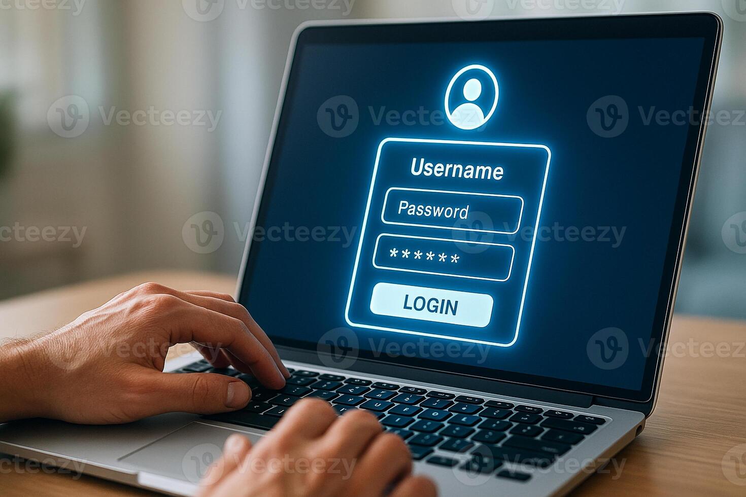 Person Logging In to Secure Account on Laptop Computer at Home Office Desk Privacy and Security Concept photo
