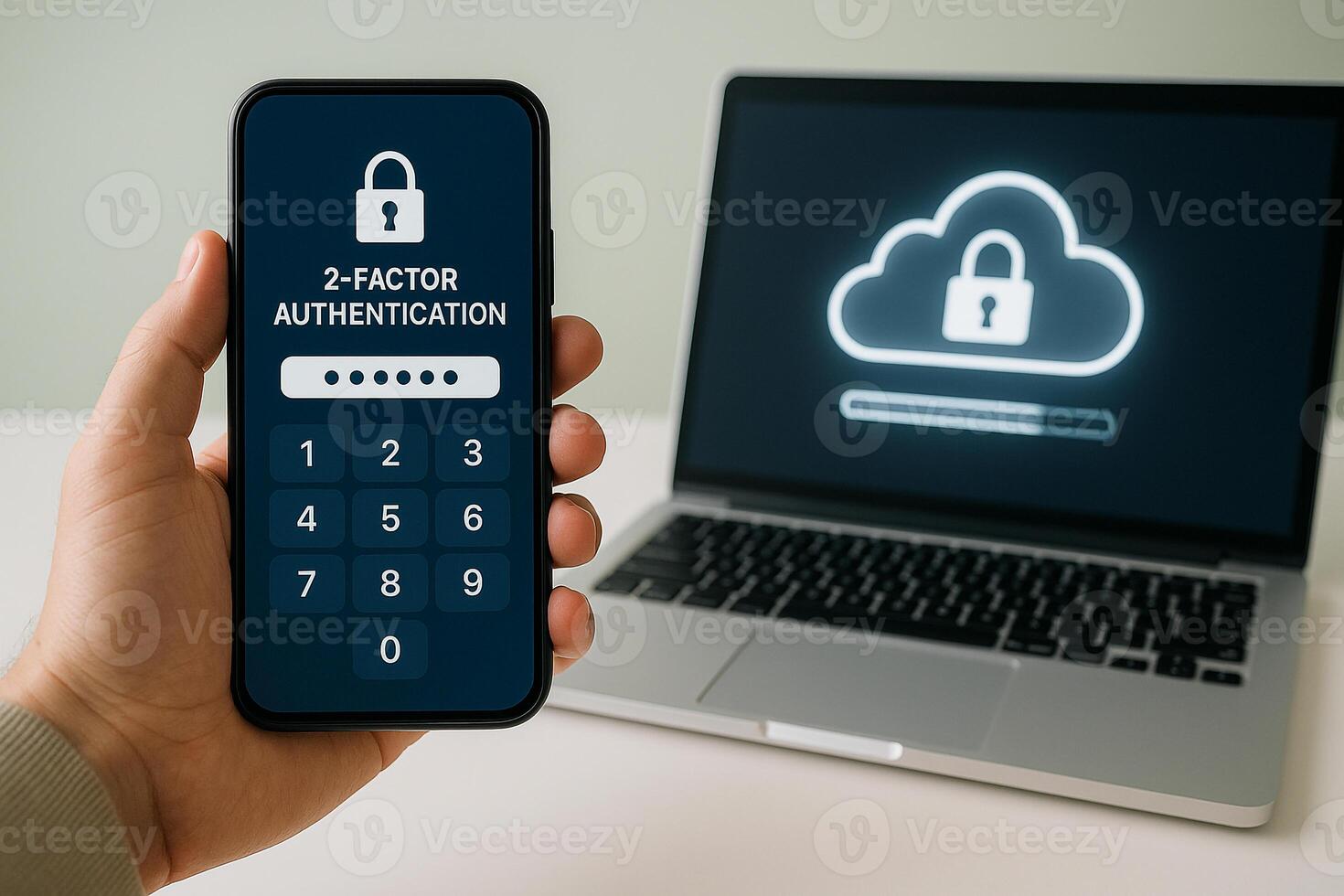 Person using twofactor authentication on smartphone for secure access to cloud data on laptop emphasizing digital security and data protection photo