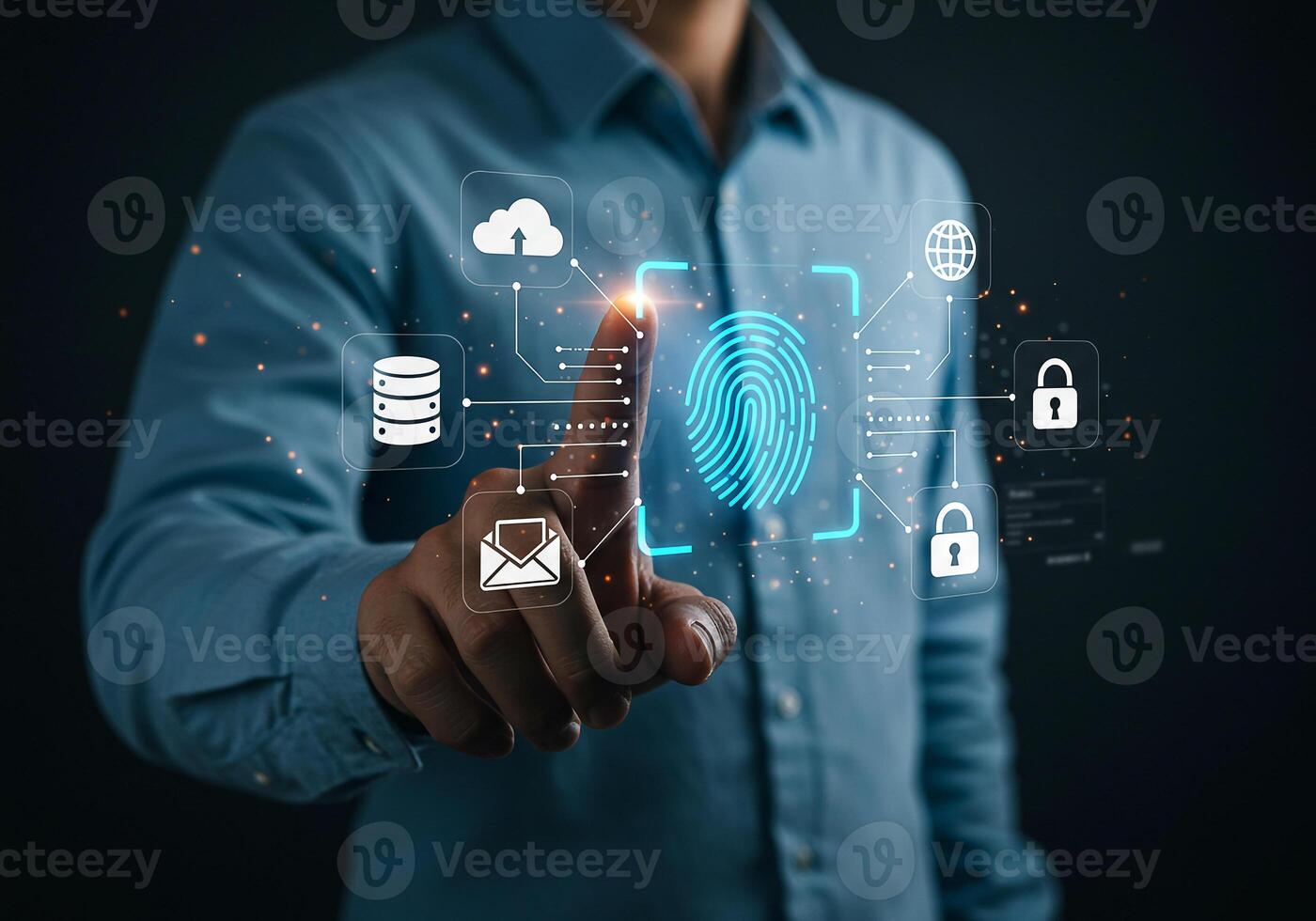 Man Accessing Secure Data Through Biometric Fingerprint Authentication on a Digital Interface photo