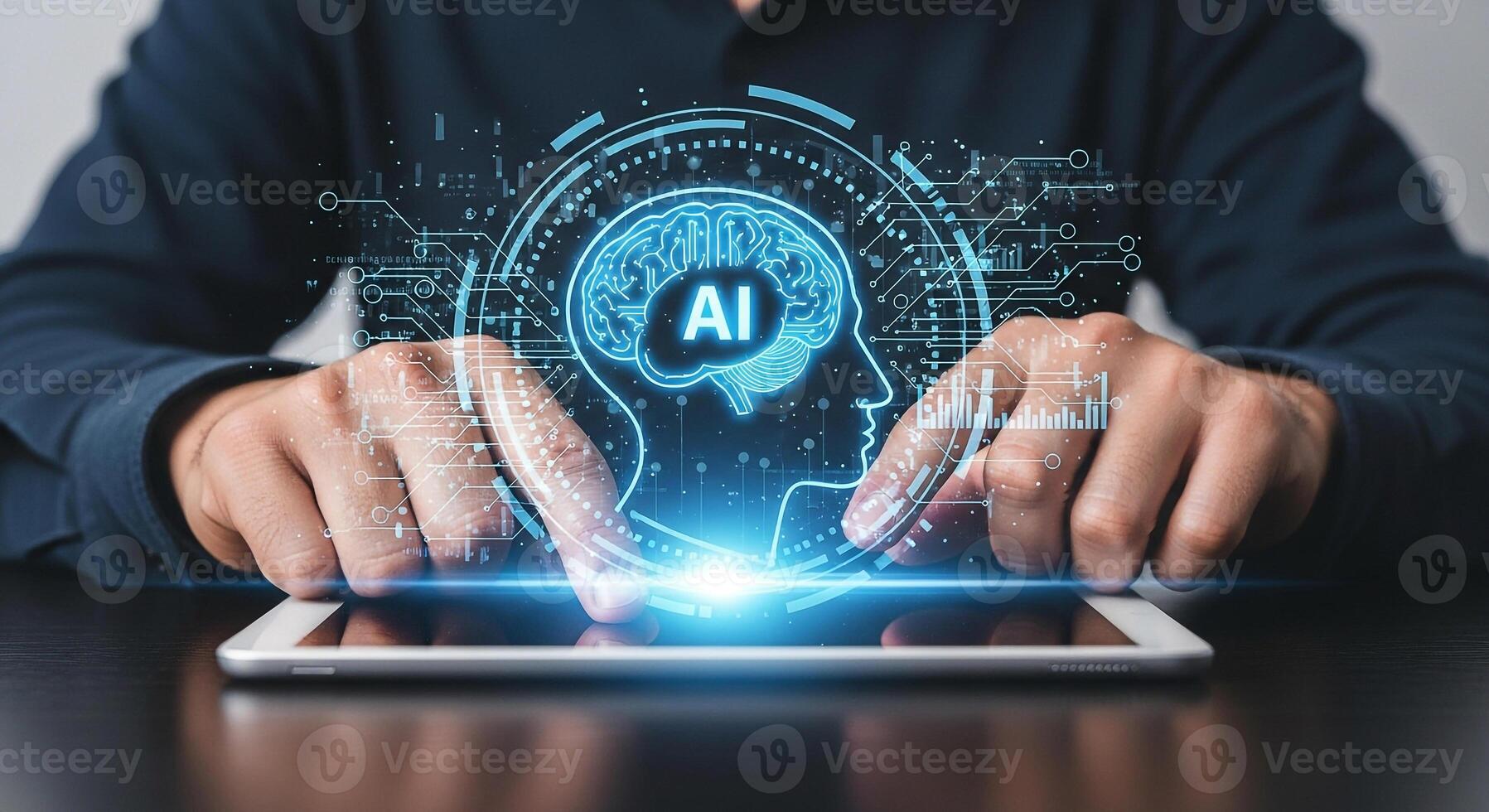 Man using digital tablet AI brain interface concept futuristic technology innovation and digital transformation modern workspace photo