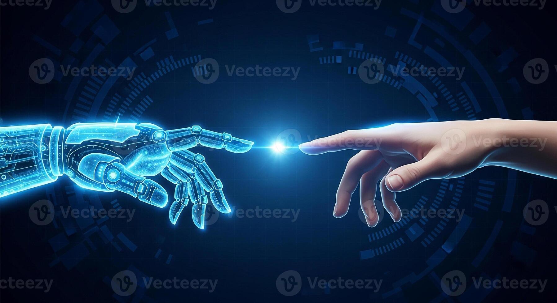 Human and robotic hands reaching out to connect against a futuristic technological background symbolizing artificial intelligence synergy and the future of technology photo