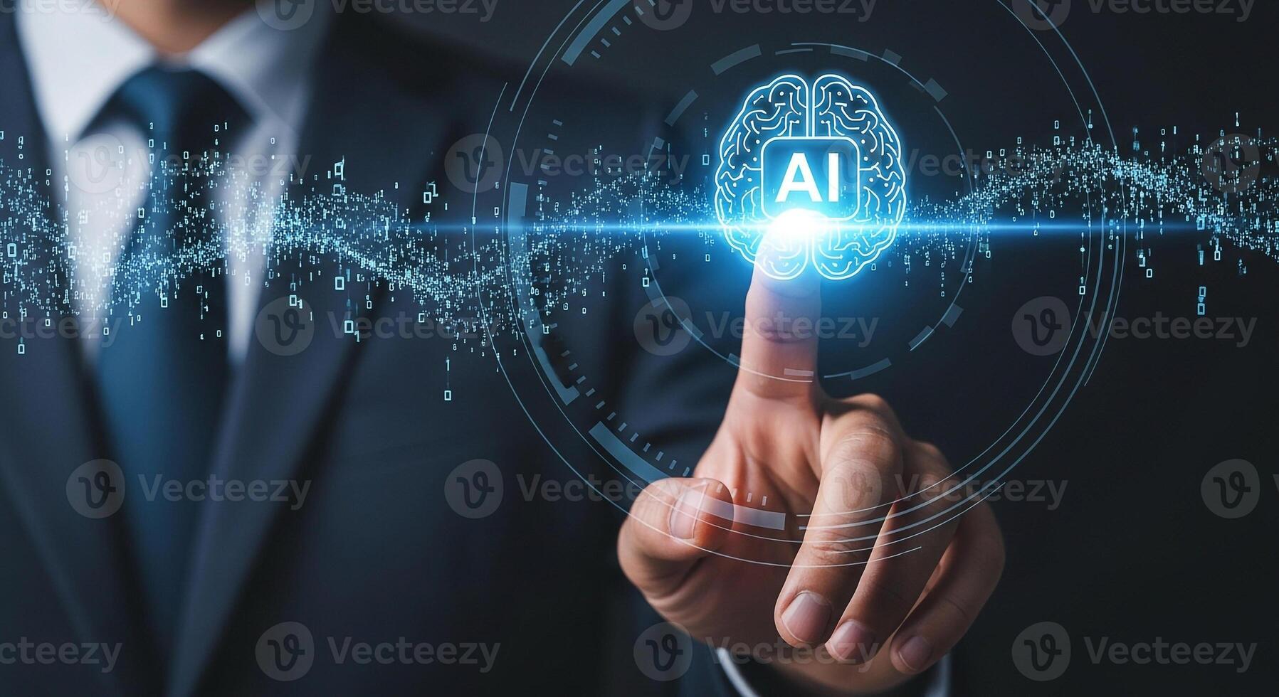 Businessman Interacting with Futuristic AI Brain Interface Digital Transformation and Innovation Concept The image depicts a businessmans finger interacting with a holographic AI brain interface symbo photo